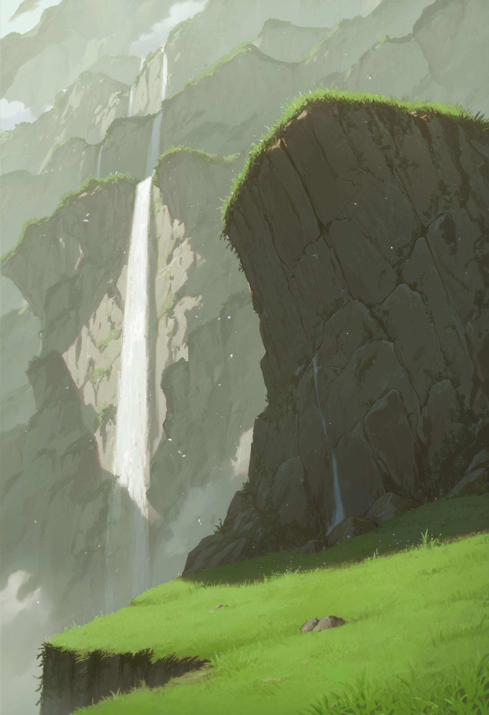 score_9_up score_8_up score_7_up, scenery, edge, waterfall, grass, rock<lora:made_in_abyss_landscape_pony2:1>