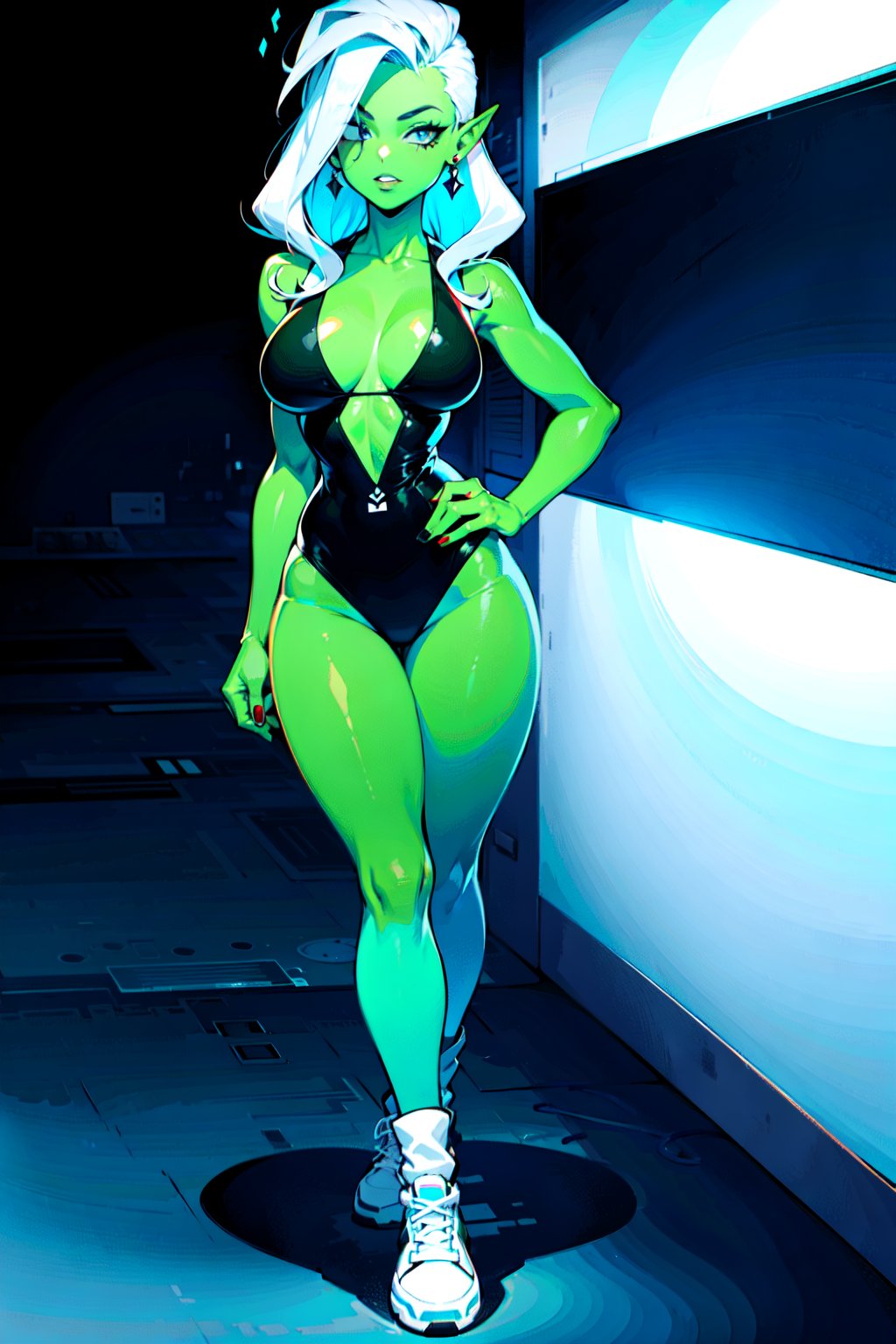 1girl,Lord Dominator,8k,green_skin,white_hair,full_body