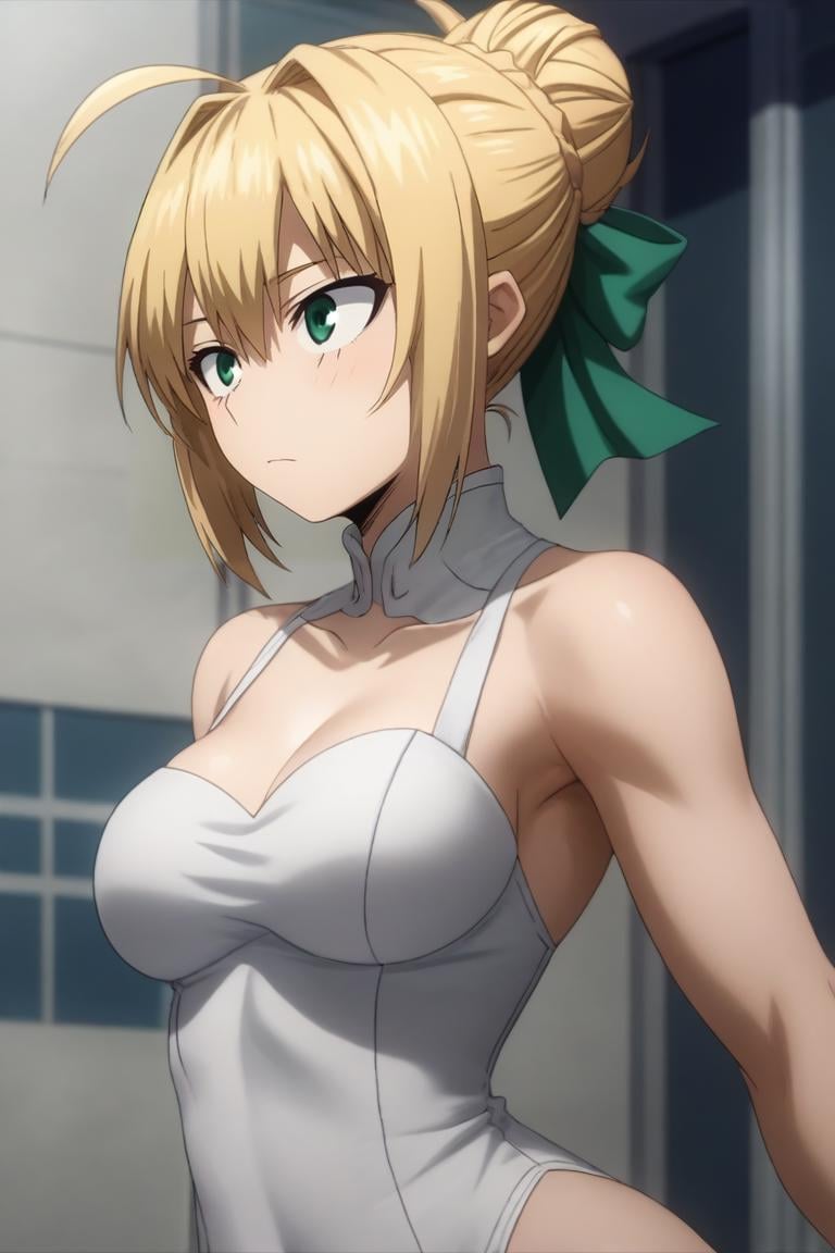 score_9, score_8_up, score_7_up, source_anime, intricate details, semi-realistic, , upper body, depth of field, 1girl, saber \(fate\), blonde hair, green eyes, ahoge, hair between eyes, hair bun, hair bow, solo, Genetic hybrids- Blending physical traits from different species, creating visually striking, unique appearances., <lora:boku_no_hero_academia_style_pony:0.96>, boku_no_hero_academia_style, <lora:sdxl_lightning_8step_lora:1>,