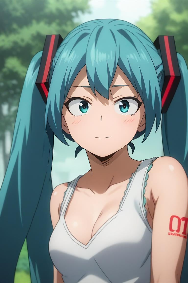 score_9, score_8_up, score_7_up, source_anime, , anime screencap, , official style, looking at viewer, , depth of field, 1girl, hatsune miku, blue eyes, blue hair, solo, Time Paradox, <lora:boku_no_hero_academia_style_pony:0.92>, boku_no_hero_academia_style, <lora:sdxl_lightning_8step_lora:1>,