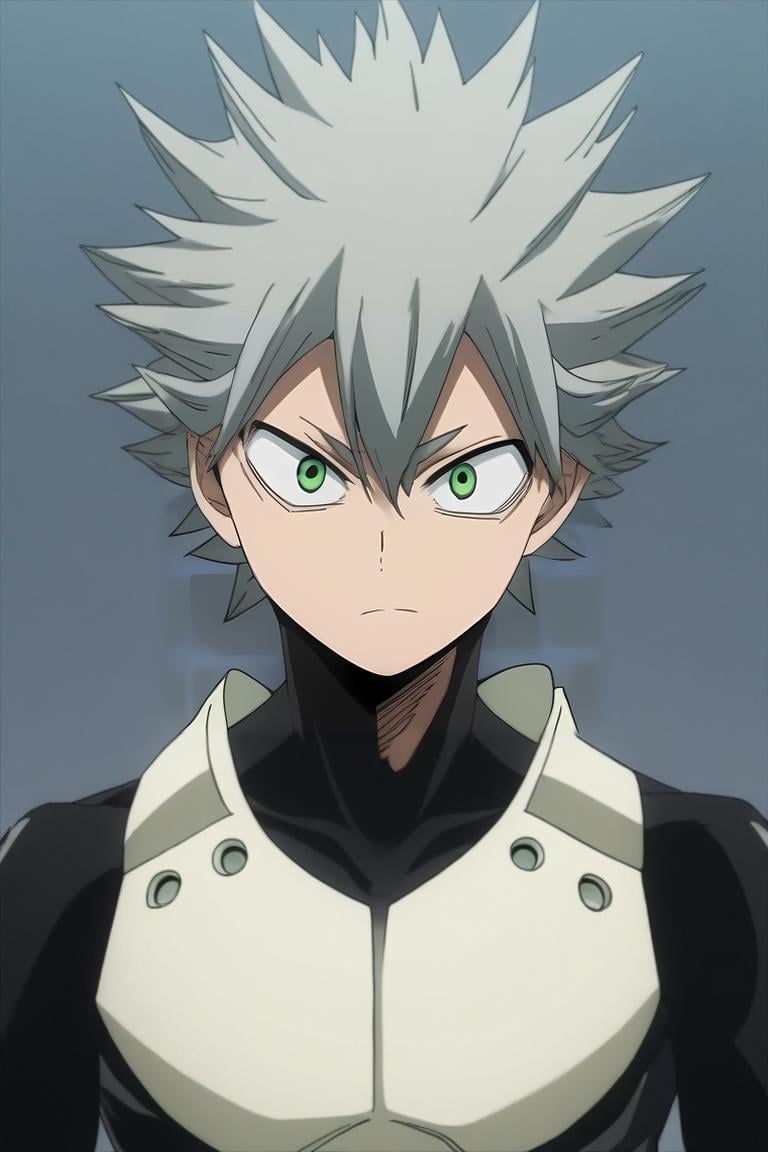 score_9, score_8_up, score_7_up, source_anime, intricate details, , looking at viewer, upper body, , 1boy, male focus, <lora:asta_black_clover_pony:0.70>, asta_black_clover, grey hair, green eyes, spiked hair, solo, Androids- Human-like robots with sleek metallic bodies and lifelike synthetic skin., <lora:boku_no_hero_academia_style_pony:0.78>, boku_no_hero_academia_style, <lora:sdxl_lightning_8step_lora:1>,