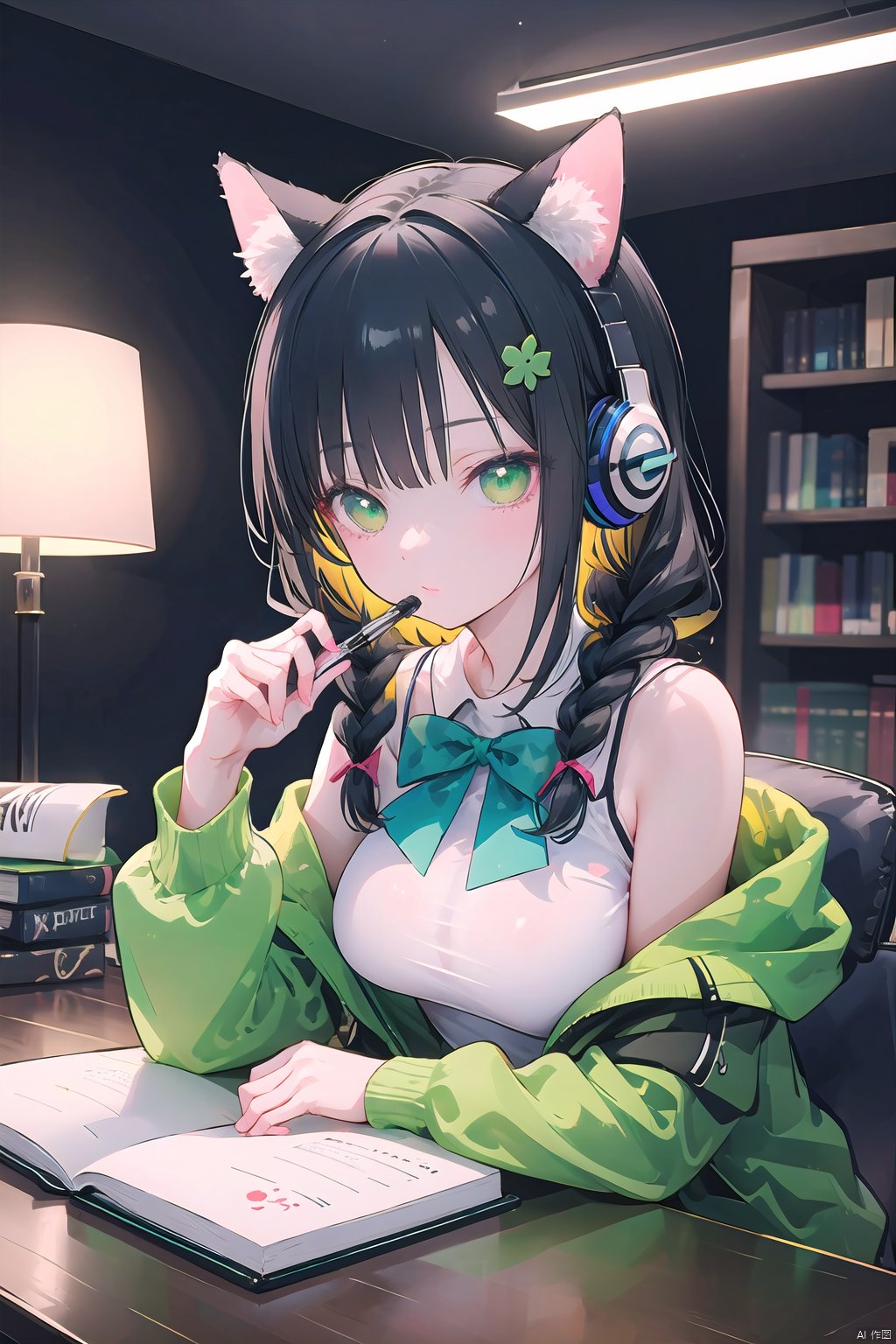  Ultra-clear, ultra-detailed, ((detailed depiction)), ultimate picture quality, CG,8k Wallpaper,(((masterpiece))), (((best quality))), ((ultra-detailed)), 1girl,animal ears,black hair,book,bookshelf,bow,braid,cat,cat ears,cat girl,clover,clover hair ornament,computer,constellation,crescent moon,desk,desk lamp,fairy lights,four-leaf clover,green bow,green cat,green cloud,green eyes,green jacket,green shirt,green sky,green theme,hair ornament,headphones,headphones around neck,holding,holding pen,indoors,jacket,lamp,laptop,leaf,monstera deliciosa,moon,notebook,pen,shirt,sparkle,sticker on face,tank top,twin braids,vase,white jacket,window,