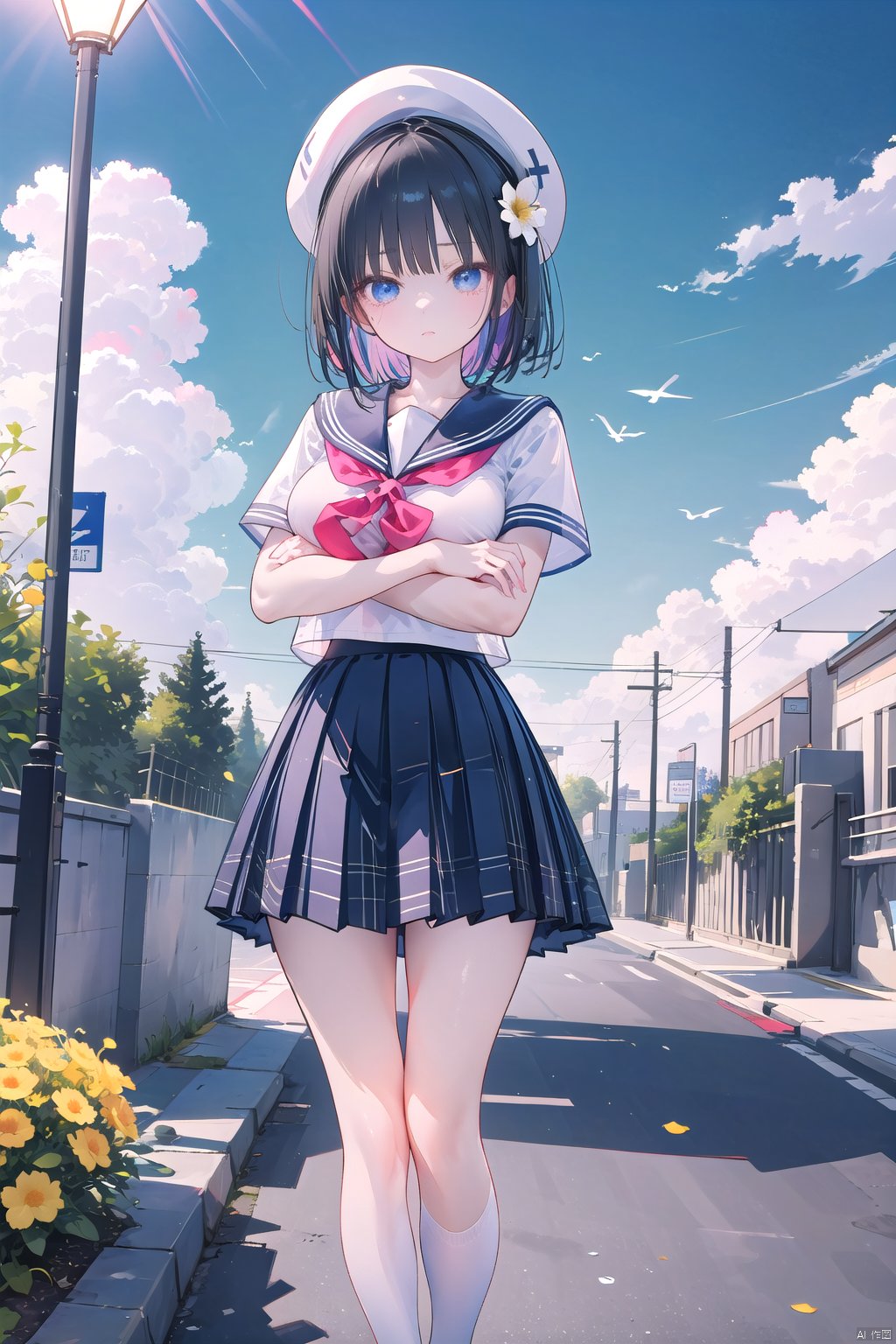  Ultra-clear, ultra-detailed, ((detailed depiction)), ultimate picture quality, CG,8k Wallpaper,(((masterpiece))), (((best quality))), ((ultra-detailed)), 1girl,black hair,black skirt,blue eyes,blue flower,bouquet,cloud,cloudy sky,crossed arms,dutch angle,evening,feet out of frame,flower,grey shirt,high-waist skirt,holding,holding bouquet,hugging object,legs apart,long bangs,looking at viewer,orange flower,outdoors,plaid,plaid skirt,pleated skirt,purple flower,reflective floor,road sign,sailor collar,school uniform,serafuku,shirt,short hair,sidelocks,sign,skirt,sky,skyline,solo,white flower,white sailor collar,yellow flower,