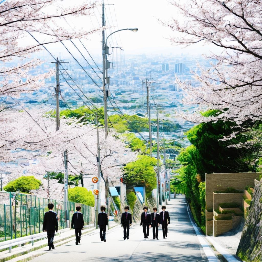 masterpiece, best quality, ultra-detailed, illustration,haruhizaka, kitakoumae, scenery, tree, scenery, multiple boys, outdoors, multiple girls, road, school uniform, cherry blossoms, street, real world location, 2girls, walking, brown hair, 2boys, realistic, photo background, photo (medium) <lora:KitakouMae_SDXL_V2:1>