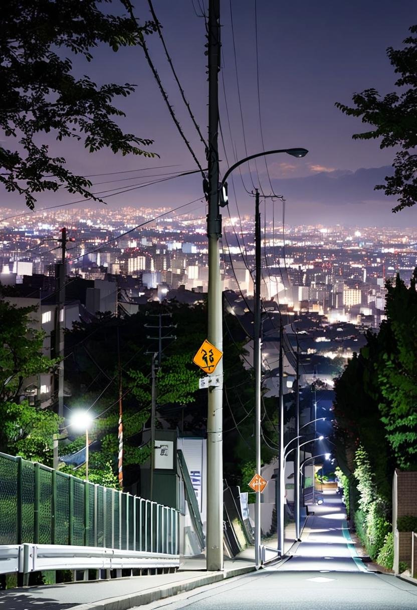 masterpiece, best quality, very aesthetic, absurdres,haruhizaka, kitakoumae, scenery, night, lamppost, outdoors, tree, road, sky, night sky, city, power lines, building, cityscape, street, sign, dark, guard rail, road sign, real world location,  <lora:kitakoumae_SDXL_V3:1>