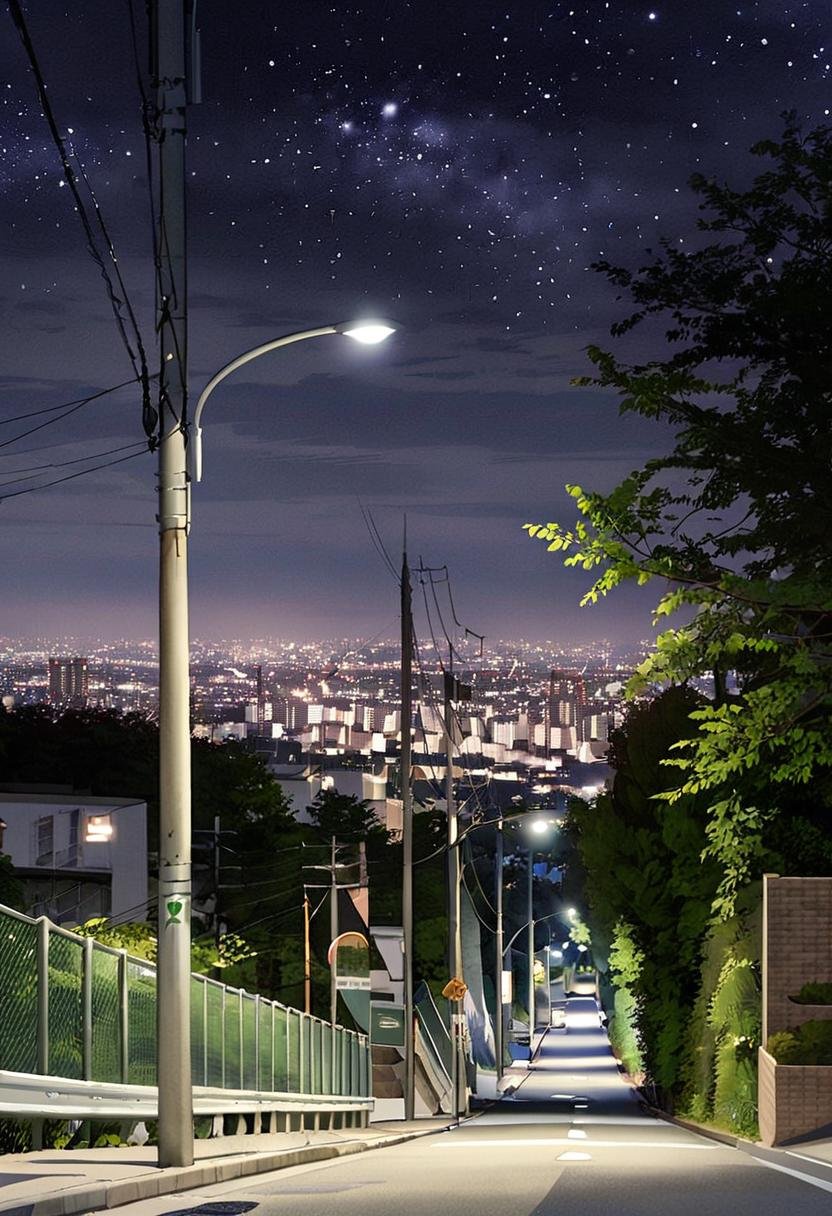 masterpiece, best quality, very aesthetic, absurdres,haruhizaka, kitakoumae, scenery, night, lamppost, outdoors, tree, road, sky, night sky, city, power lines, building, cityscape, street, sign, dark, guard rail, road sign, real world location, starry sky,  <lora:kitakoumae_SDXL_V3:1>