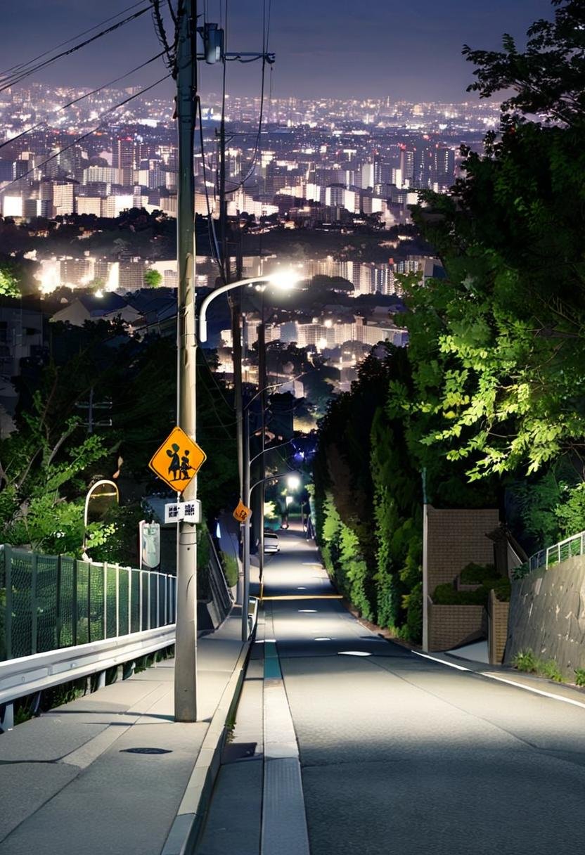 masterpiece, best quality, very aesthetic, absurdres,haruhizaka, kitakoumae, scenery, night, lamppost, outdoors, tree, road, sky, night sky, city, power lines, building, cityscape, street, sign, dark, guard rail, road sign, real world location,  <lora:kitakoumae_SDXL_V3:1>