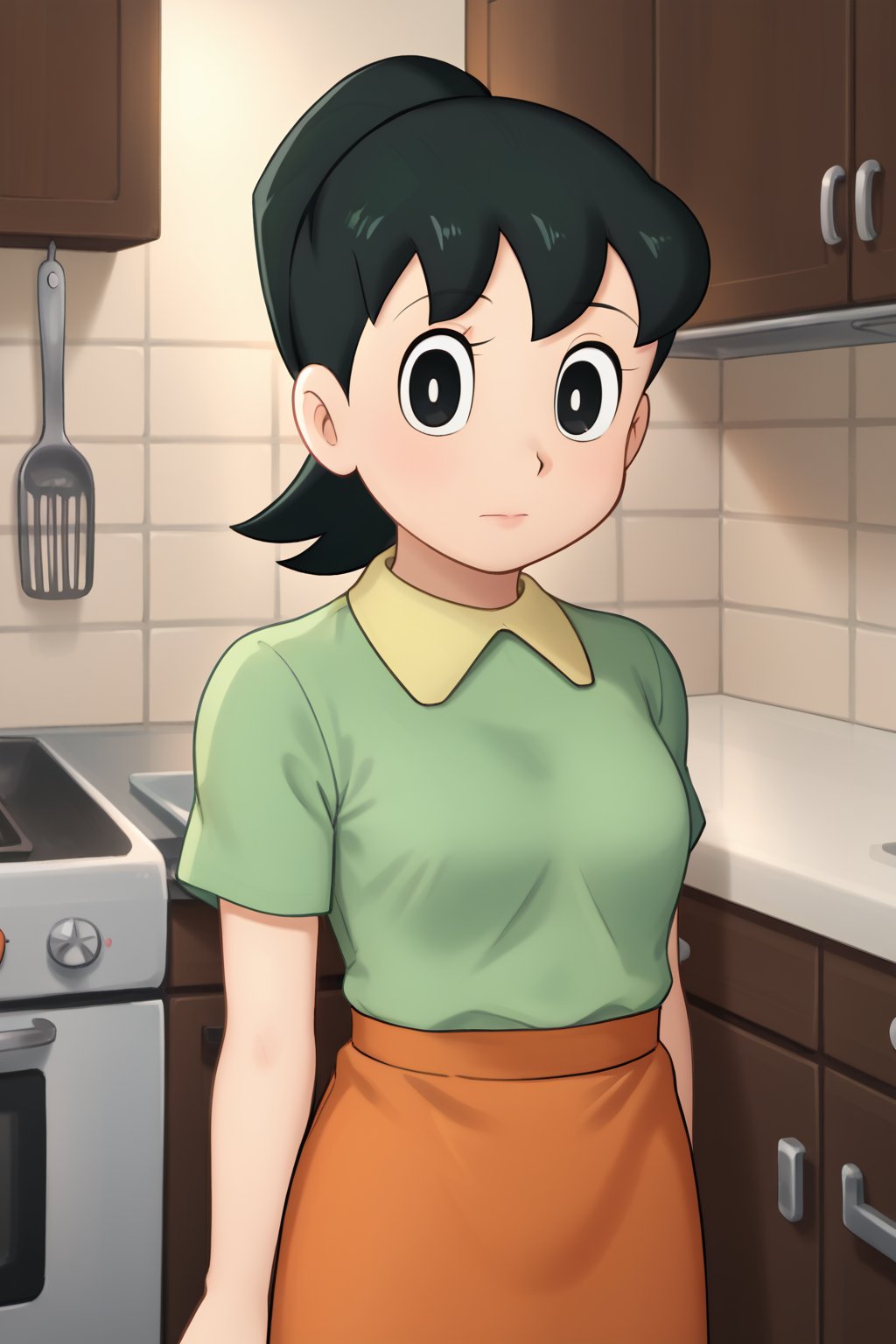 (1girl, solo, Michiko_minamoto,   black hair, black eyes, ponytail, (green shirt, short sleeves, orange skirt) , looking at viewer, kitchen),SFW,