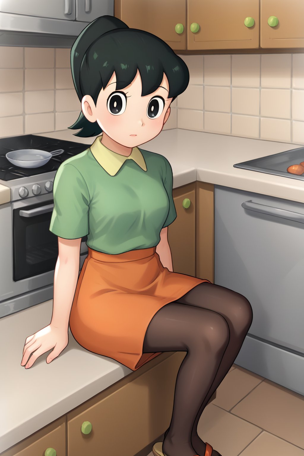 (1girl, solo, Michiko_minamoto,   black hair, black eyes, ponytail, (green shirt, short sleeves, orange skirt) , looking at viewer, kitchen,sitting, pantyhose, sandals),SFW,