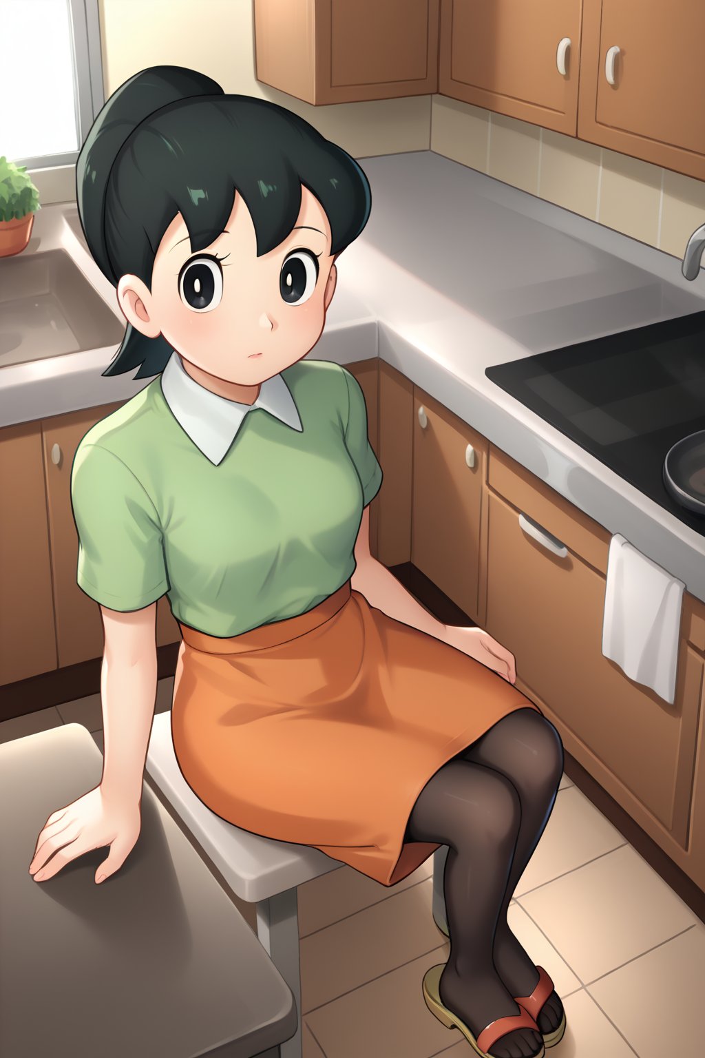 (1girl, solo, Michiko_minamoto,   black hair, black eyes, ponytail, (green shirt, collared, short sleeves, orange skirt) , looking at viewer, kitchen,sitting, pantyhose, sandals),SFW,