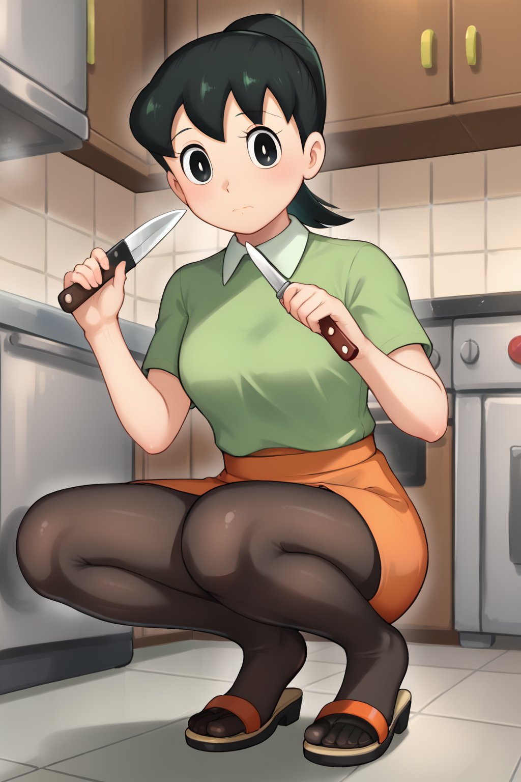 (1girl, solo, Michiko_minamoto,   black hair, black eyes, ponytail, (green shirt, collared, short sleeves, orange skirt) , looking at viewer, kitchen, pantyhose, sandals, squatting, holding a knife),SFW,