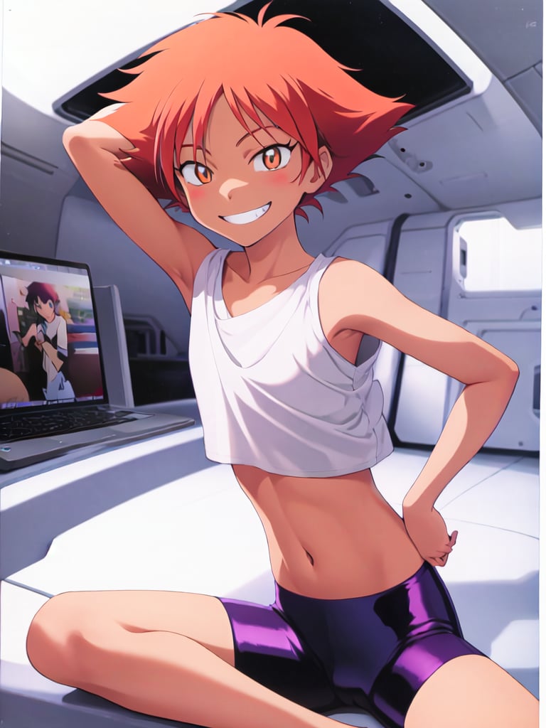 best quality, masterpiece, highres, solo, young,edward_wong_hau_pepelu_tivrusky_iv,Edward ,dark tanned skin,photorealistic, girl,petite,short orange hair, brown_eyes,smile, 1girl,sleeveless white shirt,young,miscevous grin,black bike shorts ,large oblong pupils, large eyes,thin body,
,anime style,midriff,fit ,spaceship interior,sitting, laptop