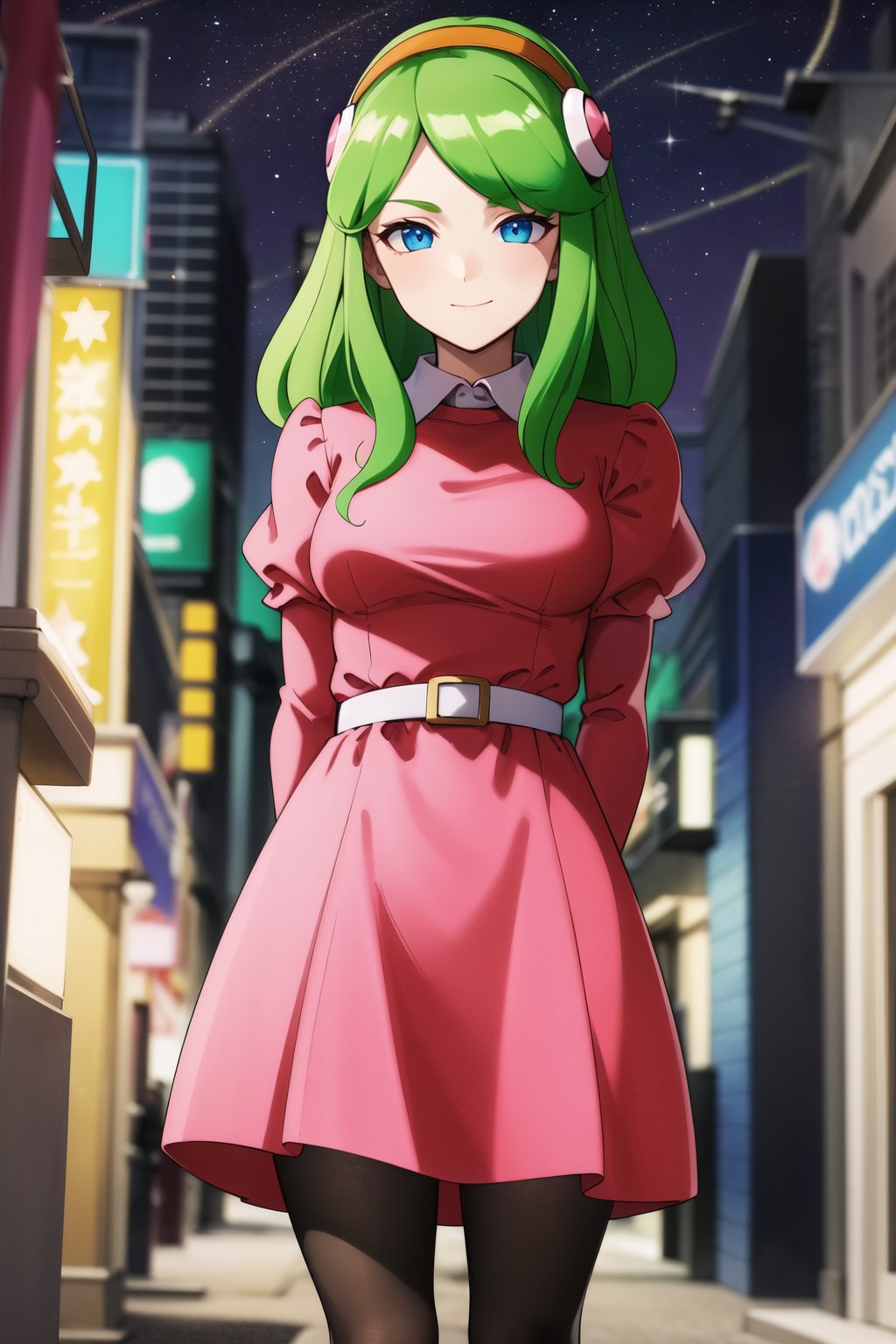 masterpiece, detailed face, 1girl, Brianne_de_Chateau, solo, long hair, looking at viewer, smile, bangs, blue eyes, hairband, green hair, dress, closed mouth, standing, pantyhose, outdoors, sky, puffy sleeves, belt, black pantyhose, night, juliet sleeves, building, star \(sky\), pink dress, night sky, starry sky, city, retro artstyle, cityscape, skyscraper