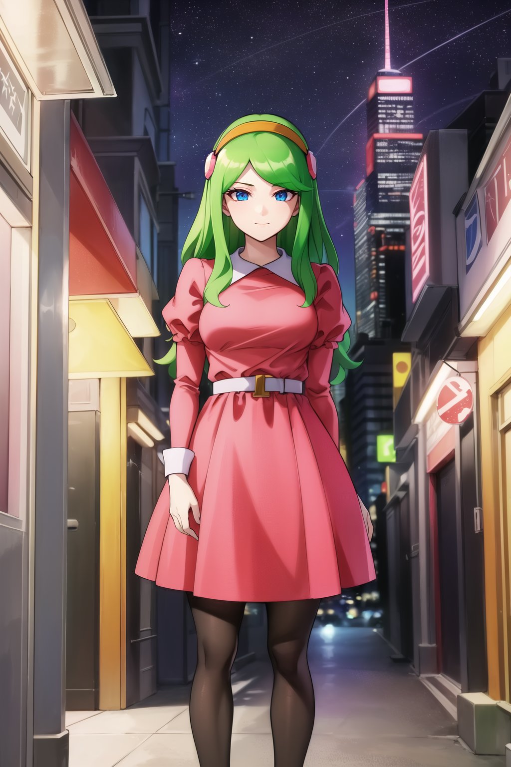 masterpiece, detailed face, 1girl, Brianne_de_Chateau, solo, long hair, looking at viewer, smile, bangs, blue eyes, hairband, green hair, dress, closed mouth, standing, pantyhose, outdoors, sky, puffy sleeves, belt, black pantyhose, night, juliet sleeves, building, star \(sky\), pink dress, night sky, starry sky, city, retro artstyle, cityscape, skyscraper