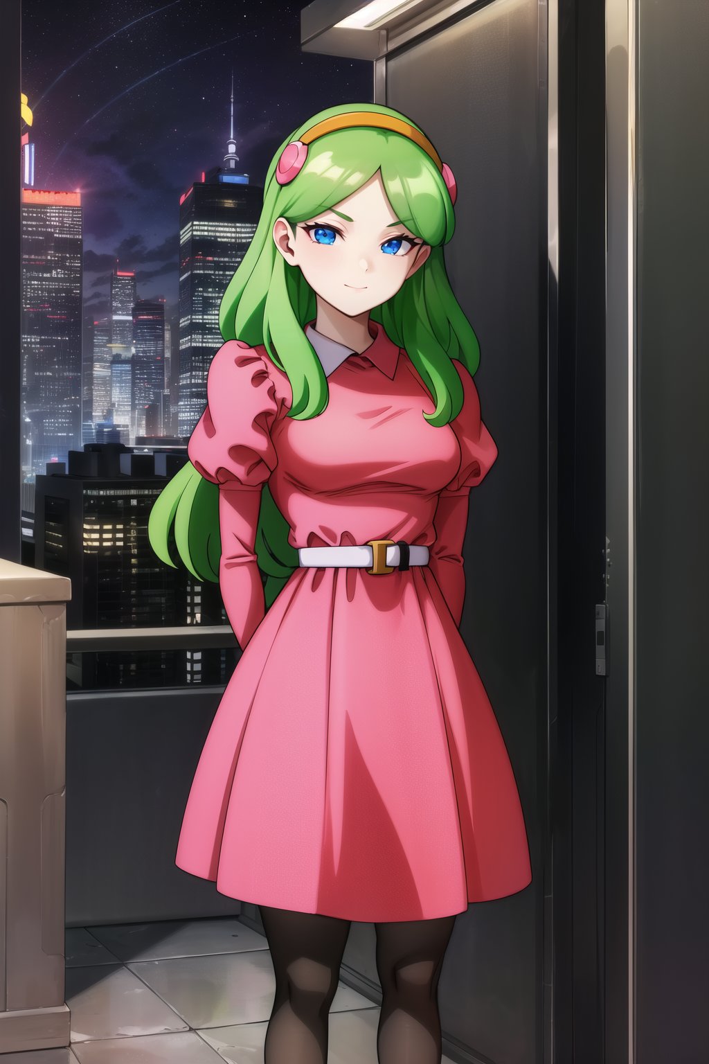 masterpiece, detailed face, 1girl, Brianne_de_Chateau, solo, long hair, looking at viewer, smile, bangs, blue eyes, hairband, green hair, dress, closed mouth, standing, pantyhose, outdoors, sky, puffy sleeves, belt, black pantyhose, night, juliet sleeves, building, star \(sky\), pink dress, night sky, starry sky, city, retro artstyle, cityscape, skyscraper