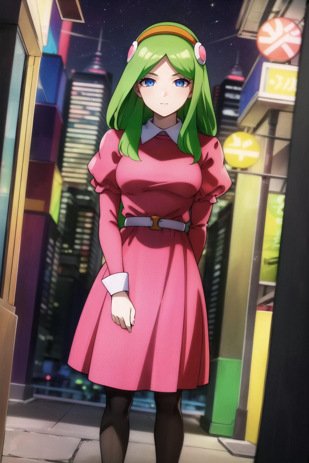 masterpiece, detailed face, 1girl, Brianne_de_Chateau, solo, long hair, looking at viewer, smile, bangs, blue eyes, hairband, green hair, dress, closed mouth, standing, pantyhose, outdoors, sky, puffy sleeves, belt, black pantyhose, night, juliet sleeves, building, star \(sky\), pink dress, night sky, starry sky, city, retro artstyle, cityscape, skyscraper