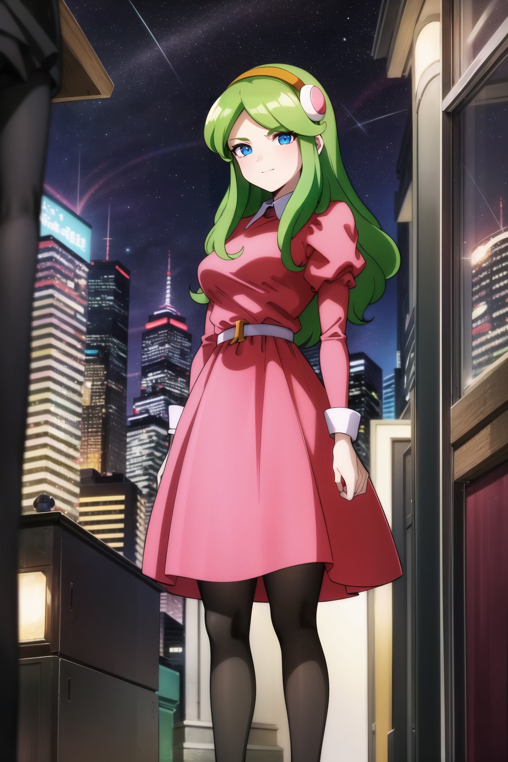 masterpiece, detailed face, 1girl, Brianne_de_Chateau, solo, long hair, looking at viewer, smile, bangs, blue eyes, hairband, green hair, dress, closed mouth, standing, pantyhose, outdoors, sky, puffy sleeves, belt, black pantyhose, night, juliet sleeves, building, star \(sky\), pink dress, night sky, starry sky, city, retro artstyle, cityscape, skyscraper