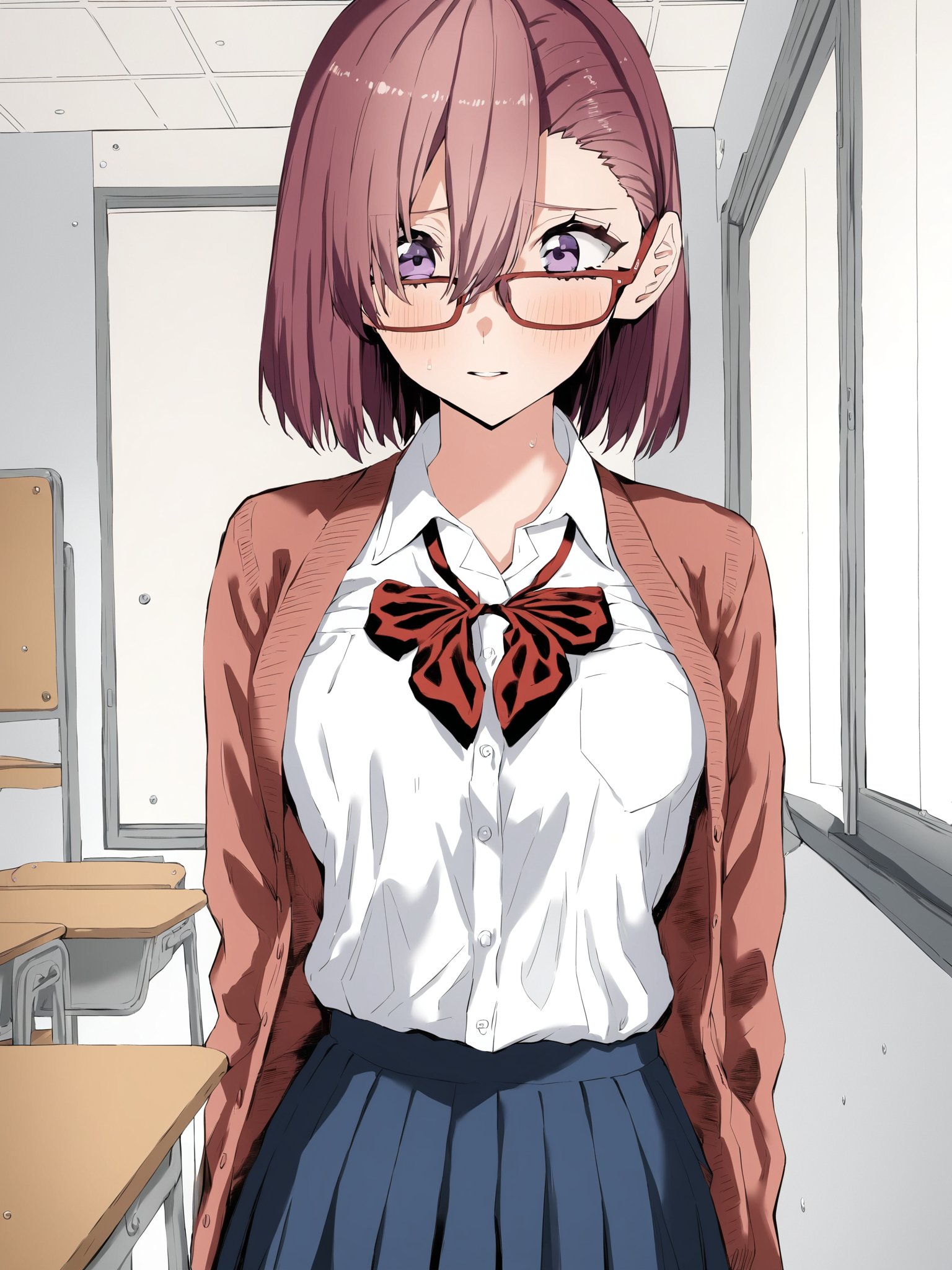 (aman0lilysa), front view, glasses, red bowtie, school uniform, classroom, cowboy shot, facing foward, masterpiece, ultra high resolution, best quality, 1080p