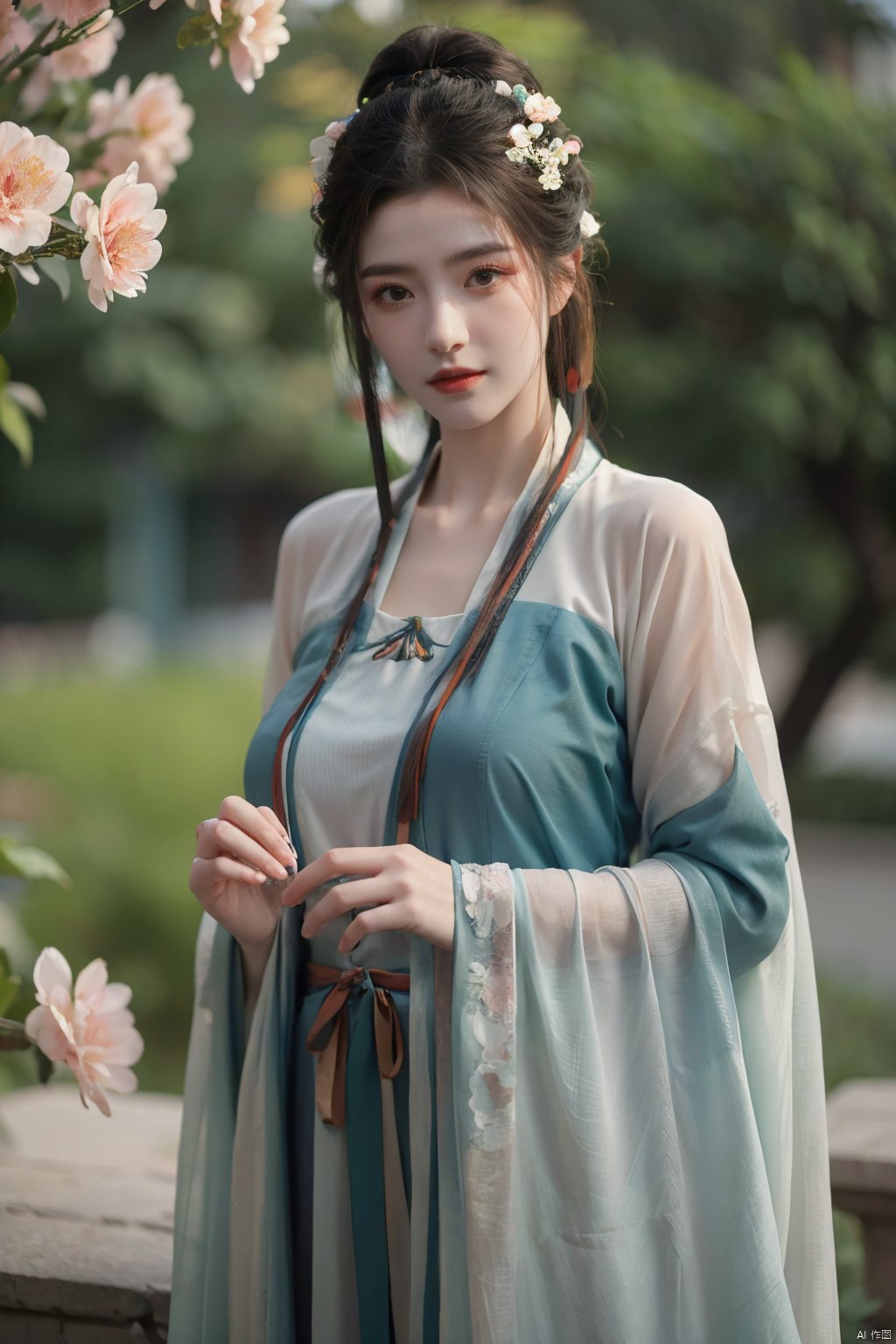 tang_hanfu,1girl,(spring,flowers:1.2),looking_at_viewer,,(big breasts:1.29), hanfu