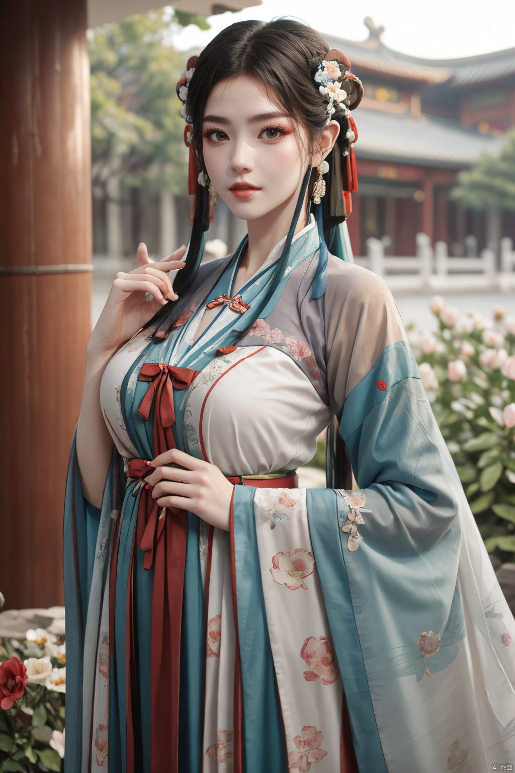 tang_hanfu,1girl,(spring,flowers:1.2),looking_at_viewer,,(big breasts:1.29), hanfu