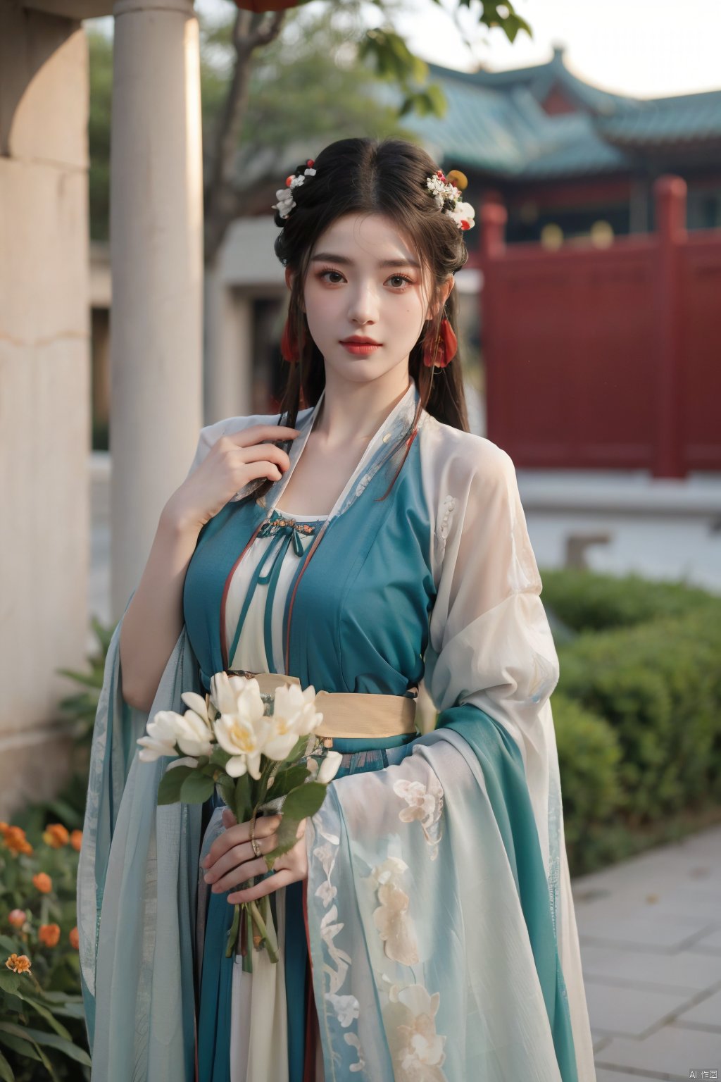 tang_hanfu,1girl,(spring,flowers:1.2),looking_at_viewer,,(big breasts:1.29), hanfu