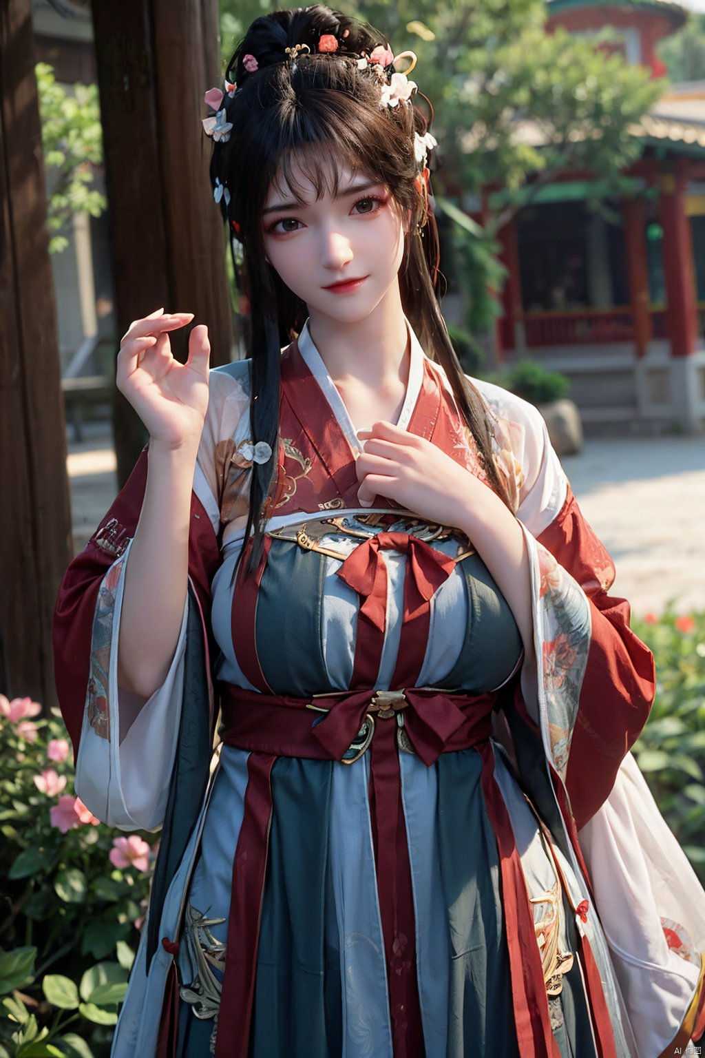 tang_hanfu,1girl,(spring,flowers:1.2),looking_at_viewer,,(big breasts:1.29), hanfu