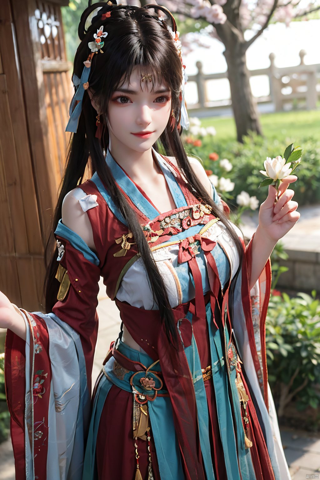 tang_hanfu,1girl,(spring,flowers:1.2),looking_at_viewer,,(big breasts:1.29), hanfu