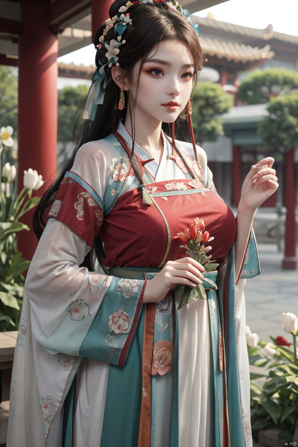 tang_hanfu,1girl,(spring,flowers:1.2),looking_at_viewer,,(big breasts:1.29), hanfu