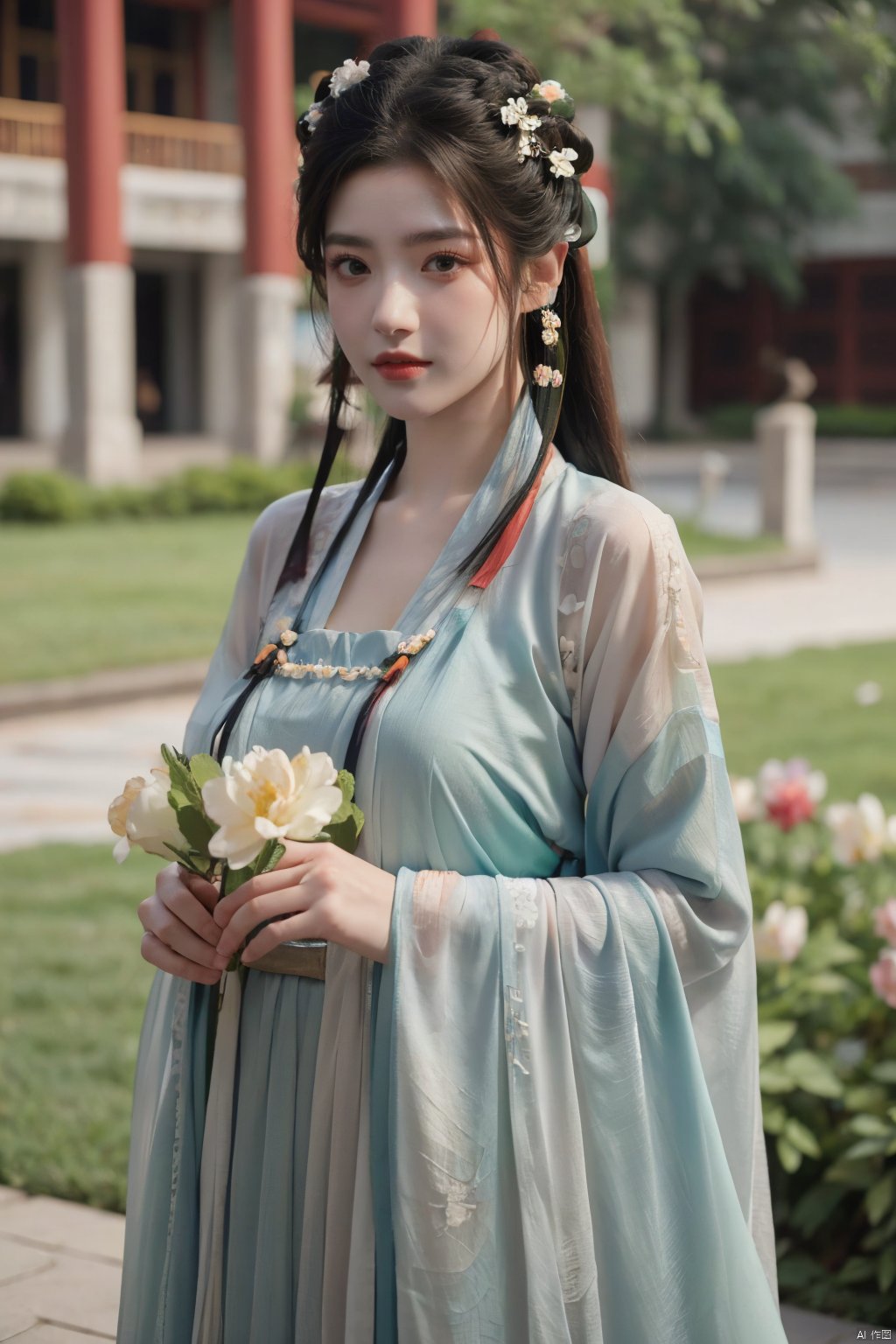 tang_hanfu,1girl,(spring,flowers:1.2),looking_at_viewer,,(big breasts:1.29), hanfu