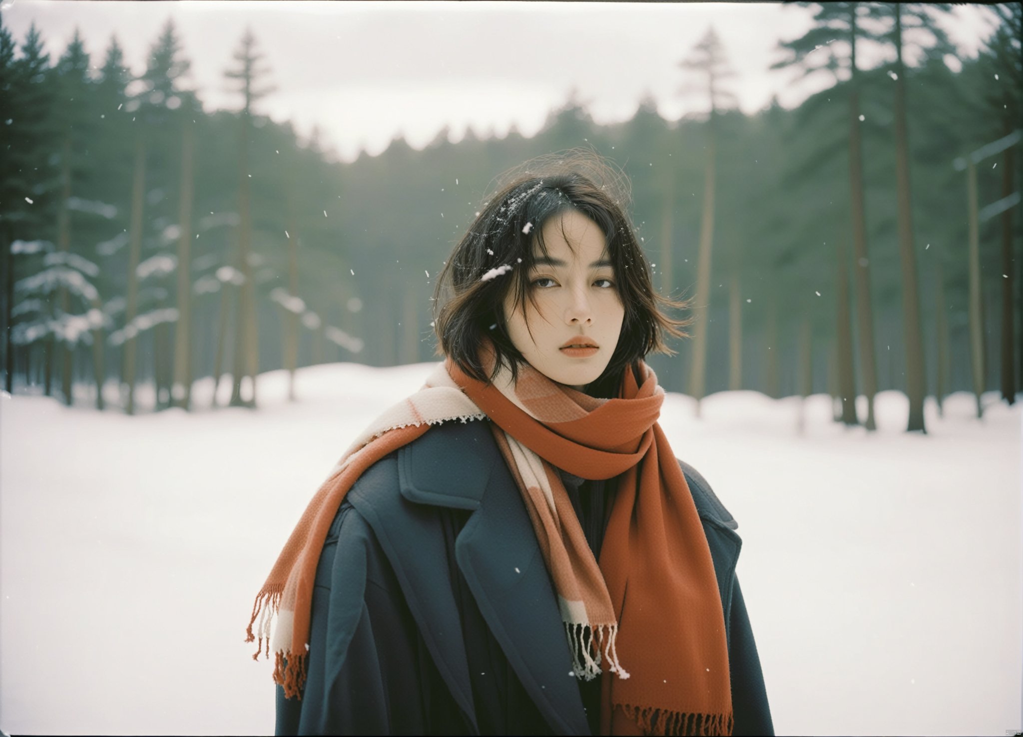  a woman standing in the snow with a scarf,album cover,forest in background,atmospheric and depressed,film,longcoat,best shot, reality,analog film photo,faded film,desaturated,35mm photo,grainy,vignette,vintage,Kodachrome,Lomography,stained,highly, realistic