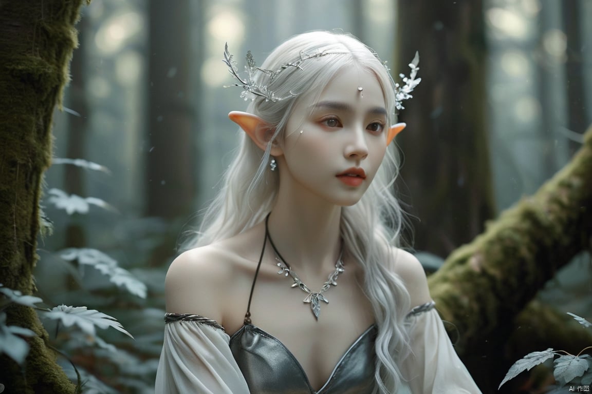  A serene, ethereal elf with delicate features, sitting in a mystical moonlit forest clearing. Her silken white hair cascades softly around her slender shoulders, complemented by pointed ears peeking through. She's adorned in elegant, dark leather attire with subtle silver embellishments that whisper of high fantasy. The atmosphere is imbued with enchantment, as wisps of ethereal mist dance around her and luminescent flora cast a soft glow on her porcelain skin. The composition is intimate, with a thoughtful expression gracing her youthful face, reflecting a story of ancient forests and moon magic. The scene is rendered in a realistic style, with a focus on soft lighting, detailed textures, and a harmonious palette of cool blues and gentle whites, suggesting a tranquil and otherworldly ambiance, best quality, ultra highres, original, extremely detailed, perfect lighting.