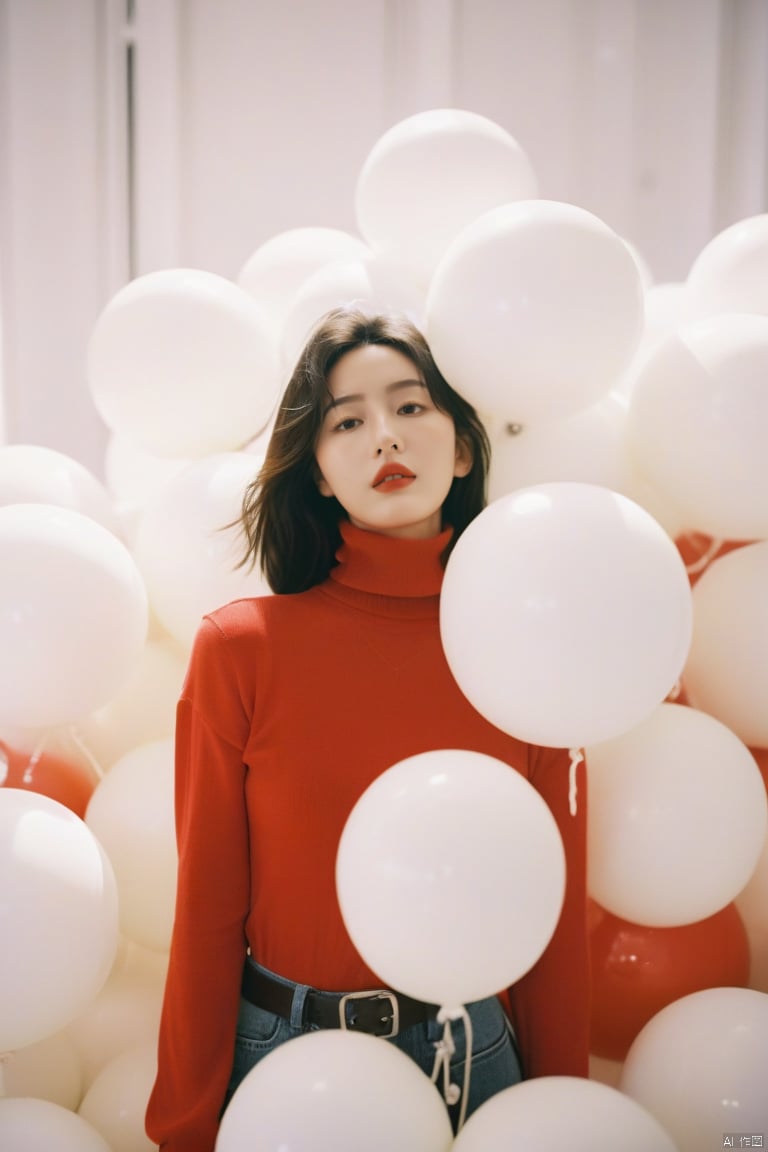  breathtaking cinematic film still,Cowboy_Shot,blouse,a cinematic fashion portrait photo of beautiful young woman from the 90s wearing a red turtleneck standing in the middle of a ton of white balloons,dramatic lighting,taken on a hasselblad medium format camera,looks like liuyifei,white balloon,shallow depth of field,vignette,highly detailed,high budget,bokeh,cinemascope,moody,epic,gorgeous,film grain,grainy . award-winning,professional,highly detailed,sc,monkren,, monkren