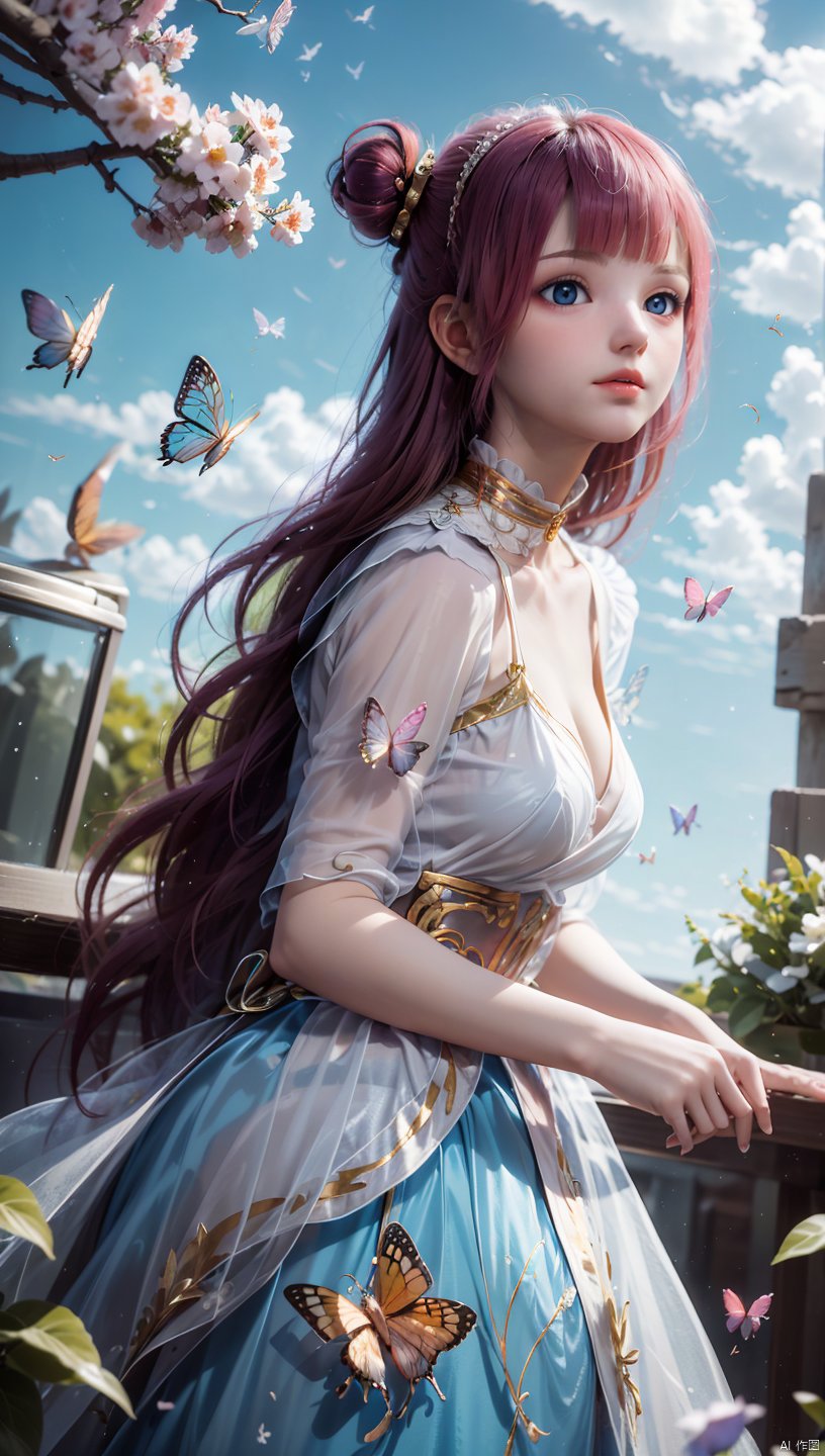  1 girl, dynamic angle, solo, looking at the audience, dress, sky, blue sky, insects, butterflies, branches,,