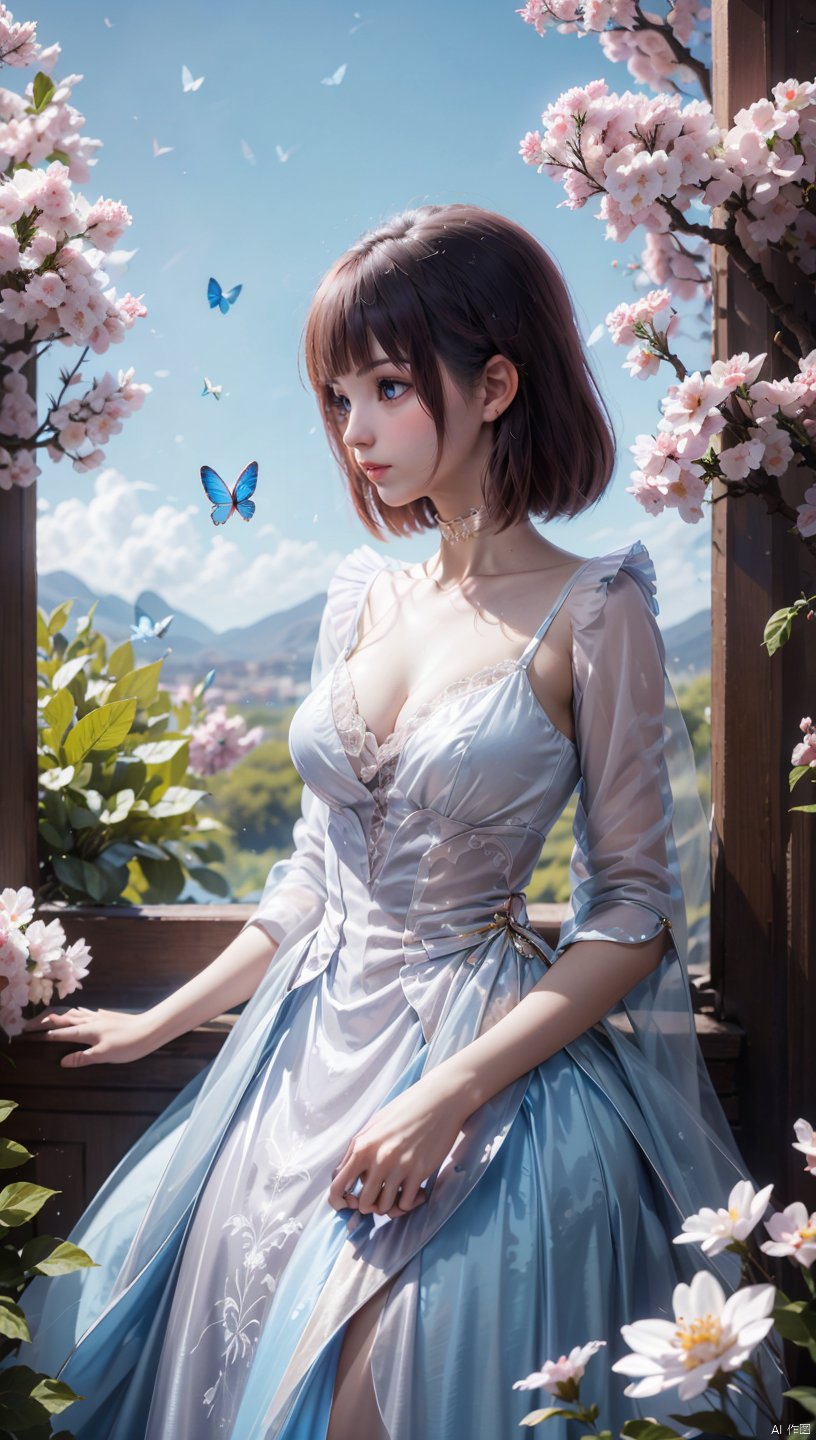  1 girl, dynamic angle, solo, looking at the audience, dress, sky, blue sky, insects, butterflies, branches,,