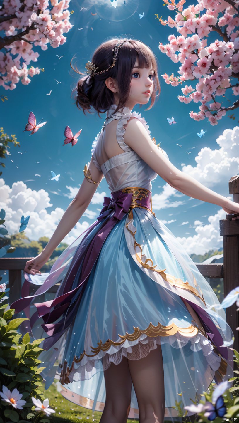  1 girl, dynamic angle, solo, looking at the audience, dress, sky, blue sky, insects, butterflies, branches,,