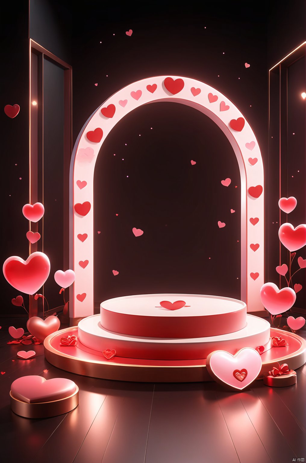 3D_style,
a round podium on the ground in the middle, Valentine's Day theme, glowing hearts, a door shape frame in the background, dark lighting, 

professional 3d model, anime artwork pixar, 3d style, good shine, OC rendering, highly detailed, volumetric, dramatic lighting, 