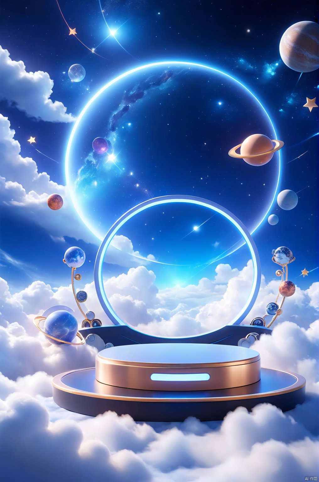 3D_style,
a round podium on the ground in the middle, cosmos theme, clouds, starry sky, planets in the sky, glowing beam in the background, 

professional 3d model, anime artwork pixar, 3d style, good shine, OC rendering, highly detailed, volumetric, dramatic lighting, 