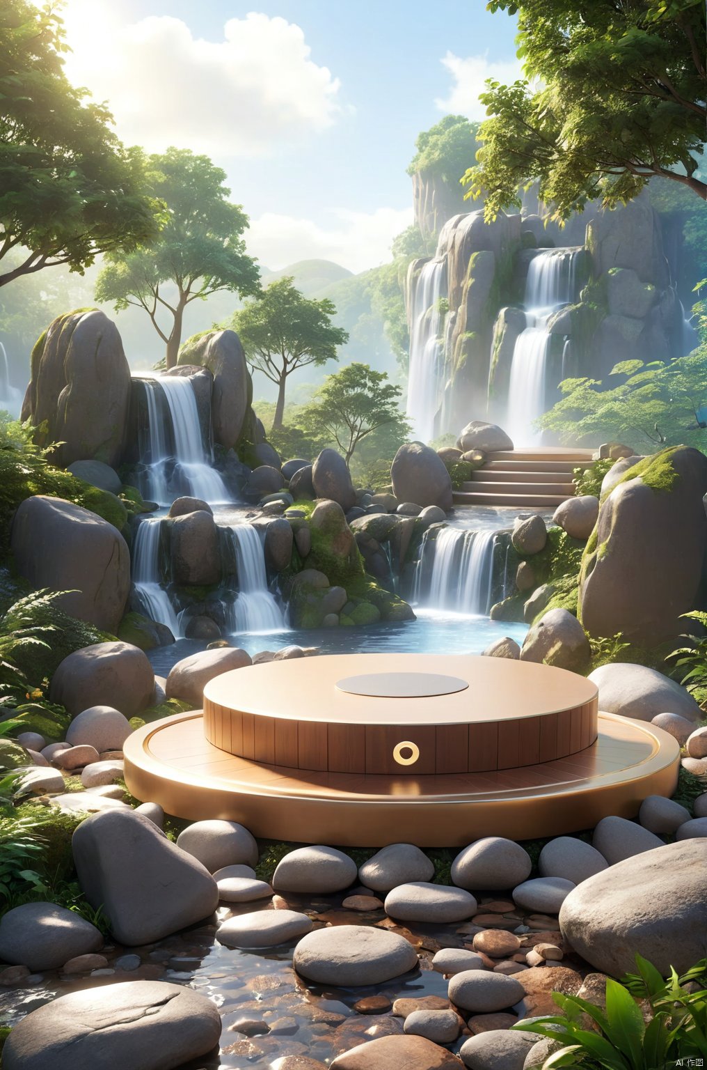 3D_style,
a round podium on the ground in the middle, trees, rocks, waterfall in the background,

professional 3d model, anime artwork pixar, 3d style, good shine, OC rendering, highly detailed, volumetric, dramatic lighting, 