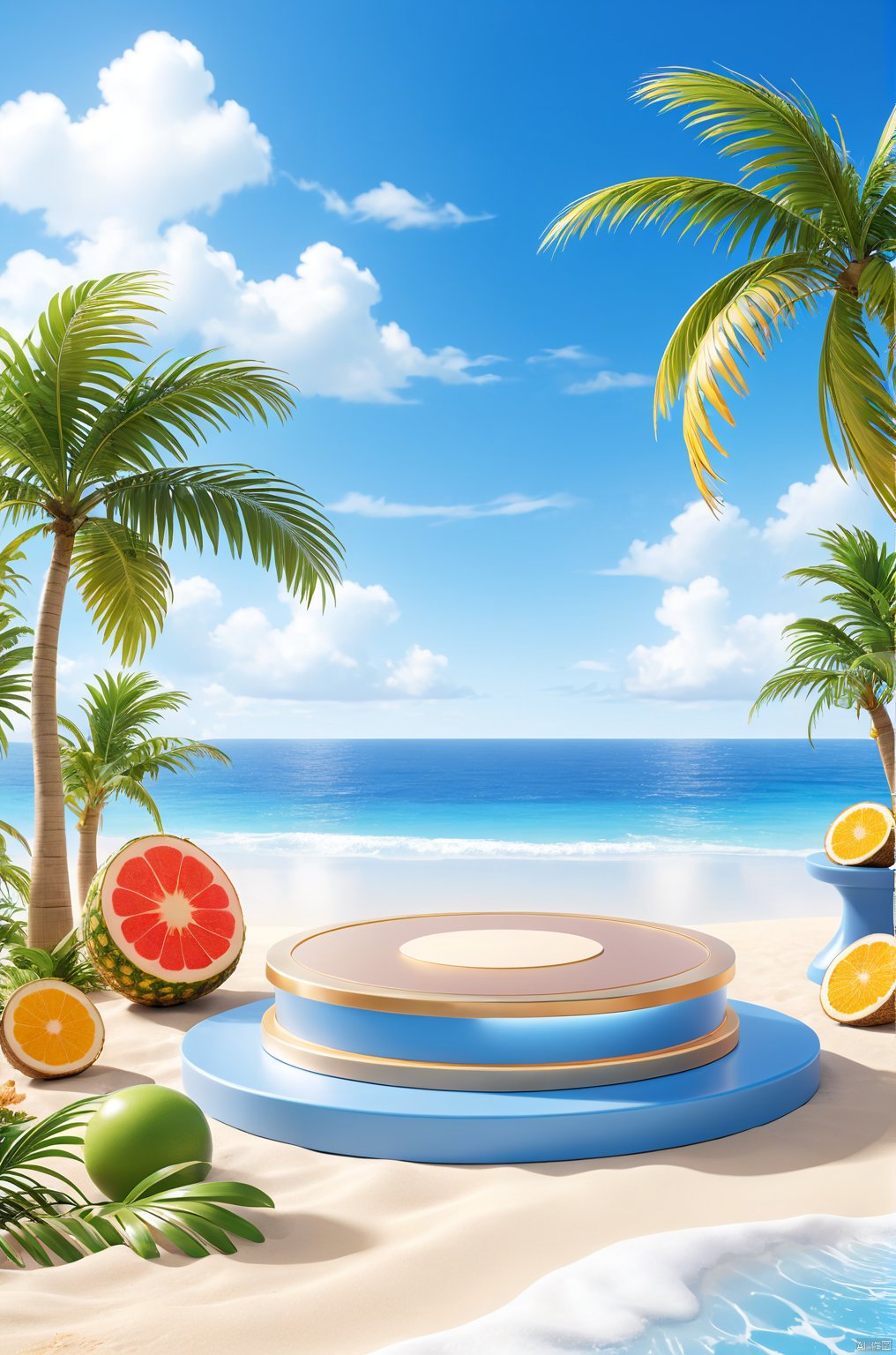 3D_style,
a round podium on the beach in the middle, palm trees, ocean, clear sky, clouds, tropical fruits on the podium, 

professional 3d model, anime artwork pixar, 3d style, good shine, OC rendering, highly detailed, volumetric, dramatic lighting, 