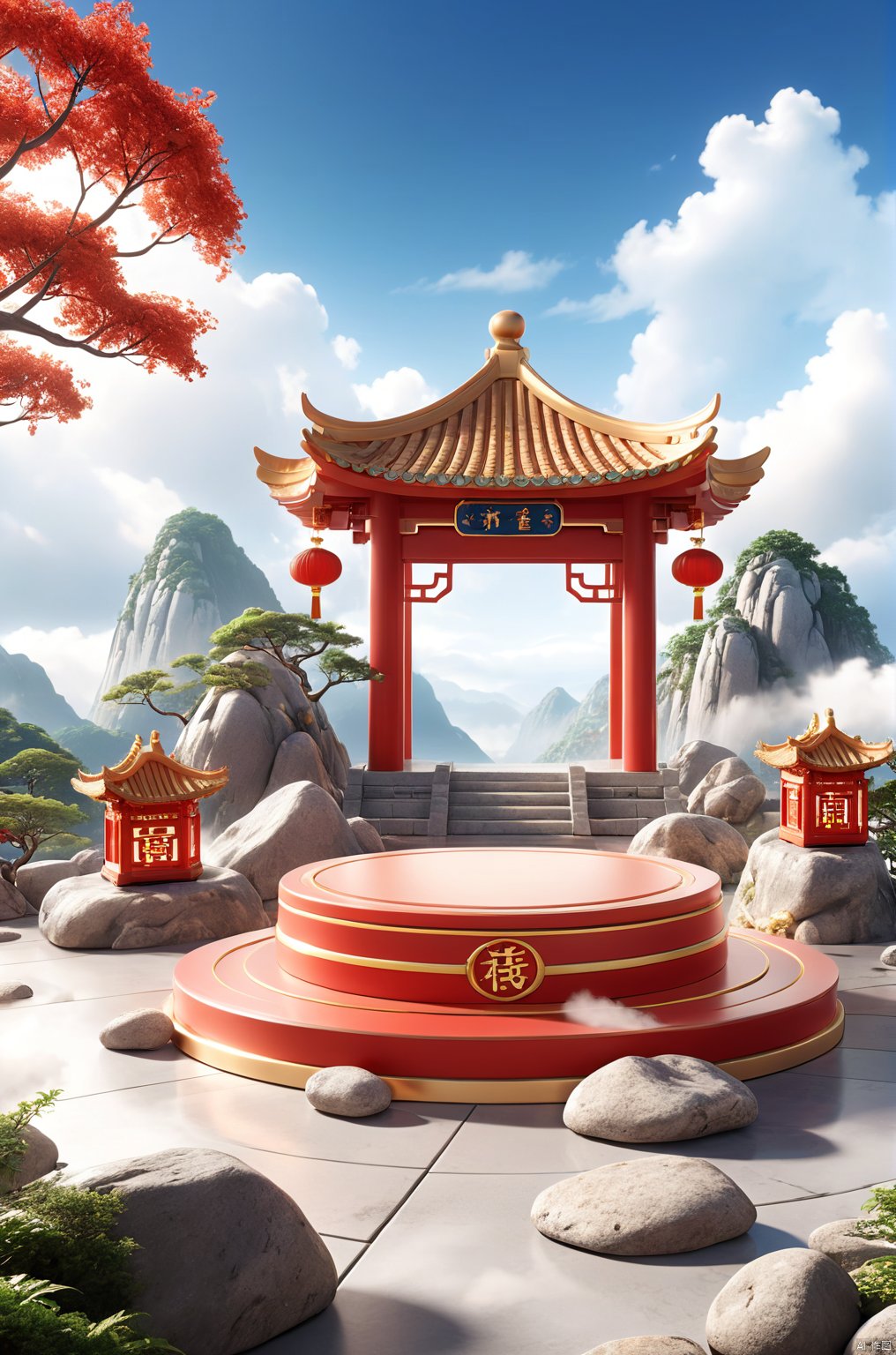 3D_style,
a round podium on the ground in the middle, Chinese aesthetic, Chinese architecture on both sides, rocks, trees, mountains and clouds in the background,

professional 3d model, anime artwork pixar, 3d style, good shine, OC rendering, highly detailed, volumetric, dramatic lighting, 