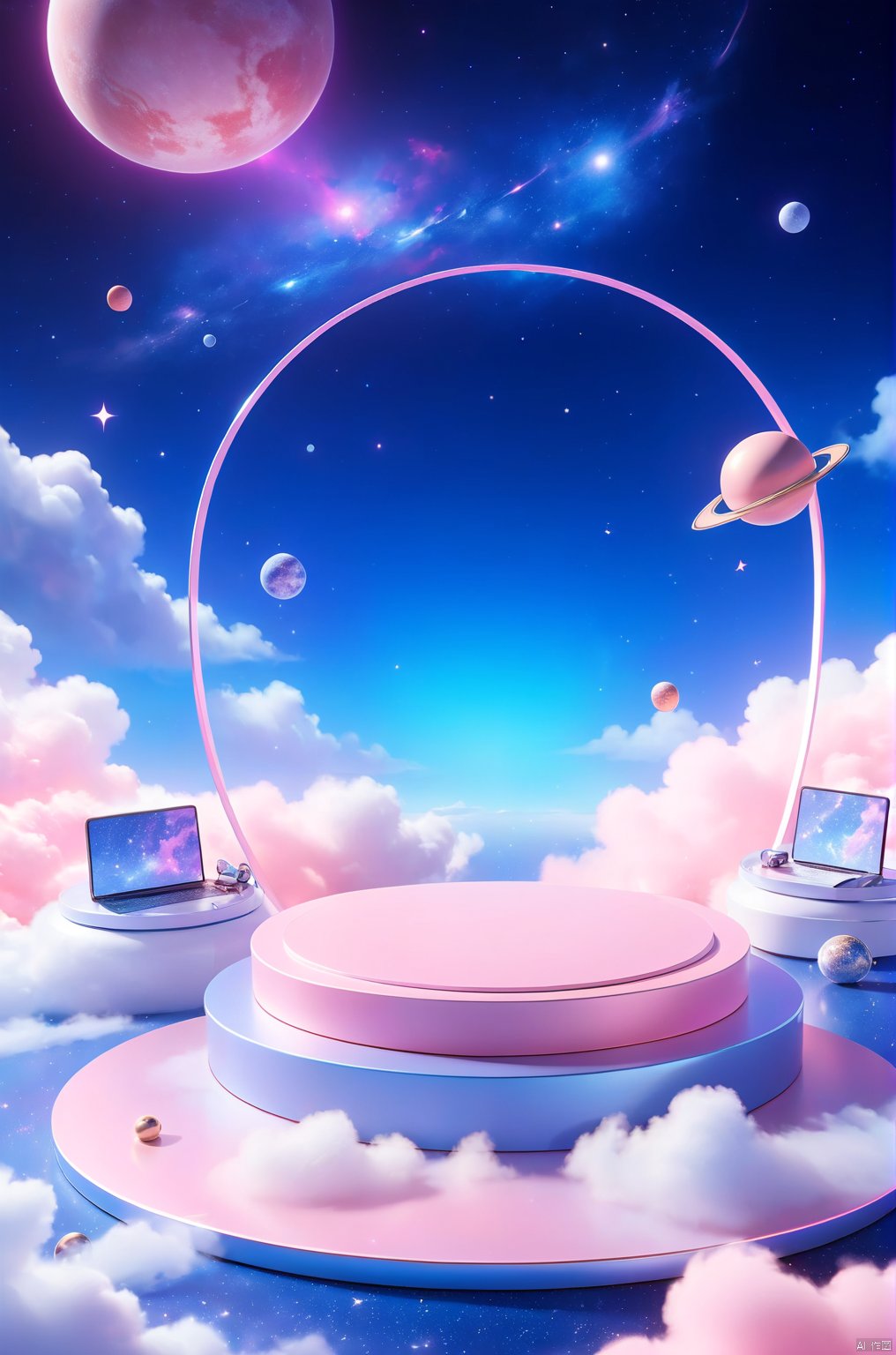 3D_style,
a round podium on the ground in the middle, cosmos theme, clouds, starry sky, planets in the sky, gradient blue and pink galaxy in the background, 

professional 3d model, anime artwork pixar, 3d style, good shine, OC rendering, highly detailed, volumetric, dramatic lighting, 