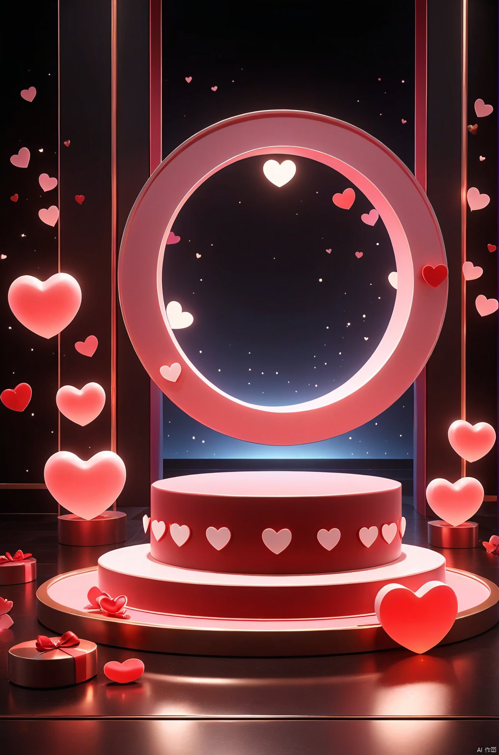 3D_style,
a round podium on the ground in the middle, Valentine's Day theme, glowing hearts, a door shape frame in the background, dark lighting, 

professional 3d model, anime artwork pixar, 3d style, good shine, OC rendering, highly detailed, volumetric, dramatic lighting, 