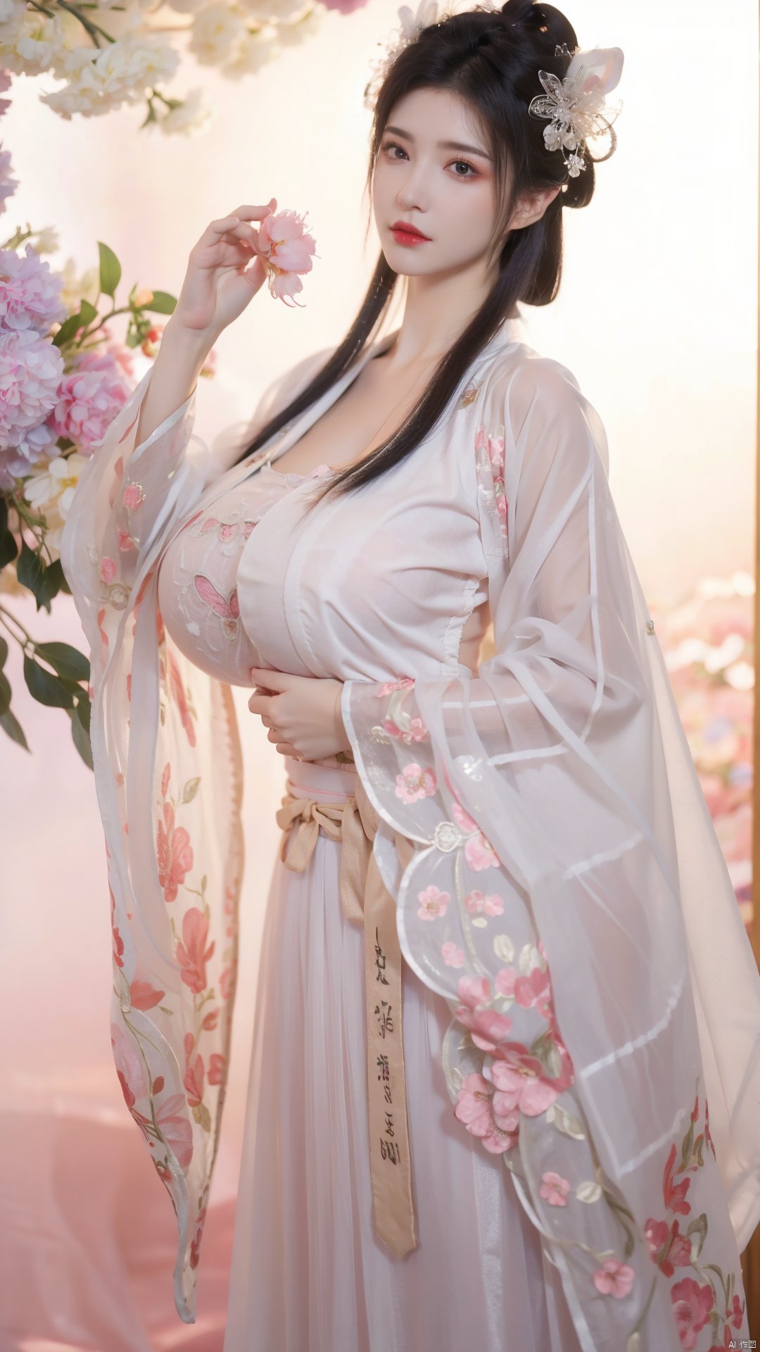  qingyi,danya,1girl,black hair,hanfu,(flower:1.3),realistic,hair ornament,chinese clothes,simple background,dress,black eyes,long sleeves,holding,holding flower,,hanfu,cho girl, longfeihanfu,looking at viewer,(big breasts:1.79)