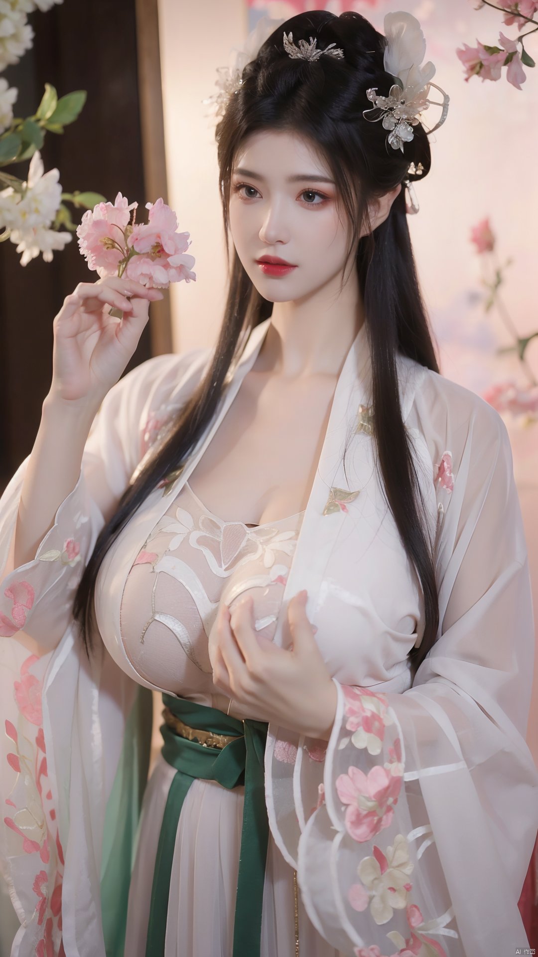  masterpiece,qingyi,danya,1girl,black hair,hanfu,(flower:1.36),realistic,hair ornament,chinese clothes,(red-green dress:1.1),black eyes,long sleeves,holding,holding flower,,hanfu,cho girl, longfeihanfu,looking at viewer,(big breasts:1.69)