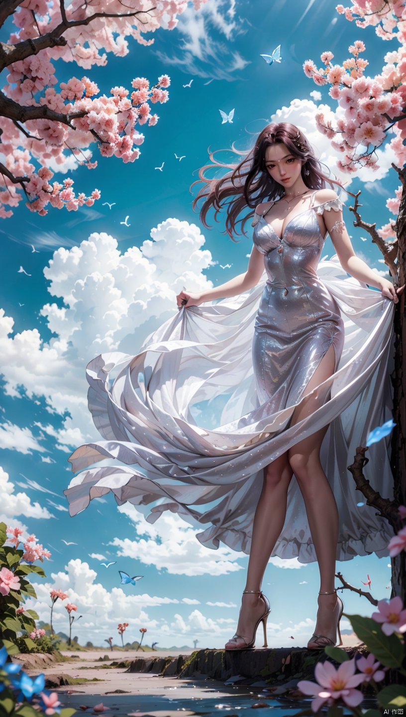  1 girl, dynamic angle, solo, looking at the audience, dress, sky, blue sky, insects, butterflies, branches,,