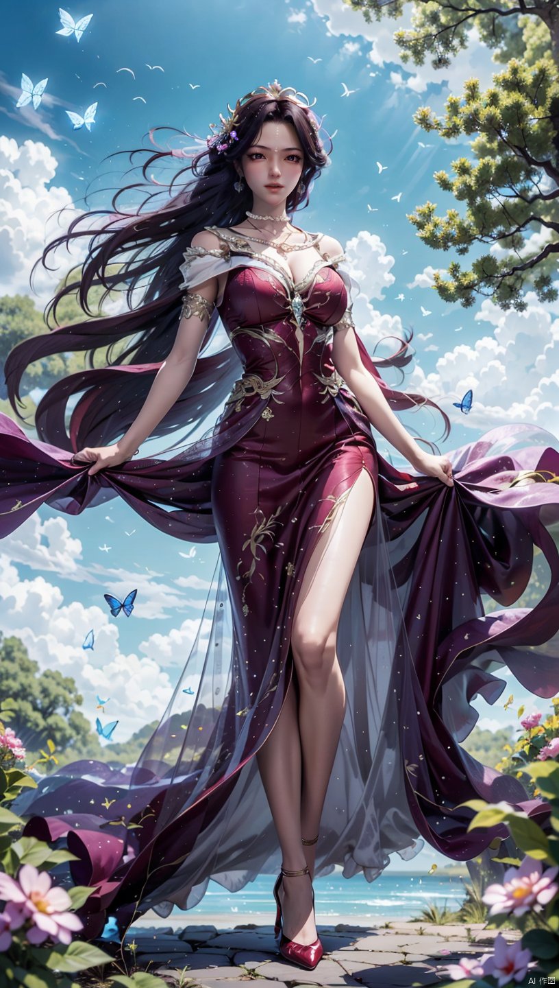  1 girl, dynamic angle, solo, looking at the audience, dress, sky, blue sky, insects, butterflies, branches,,