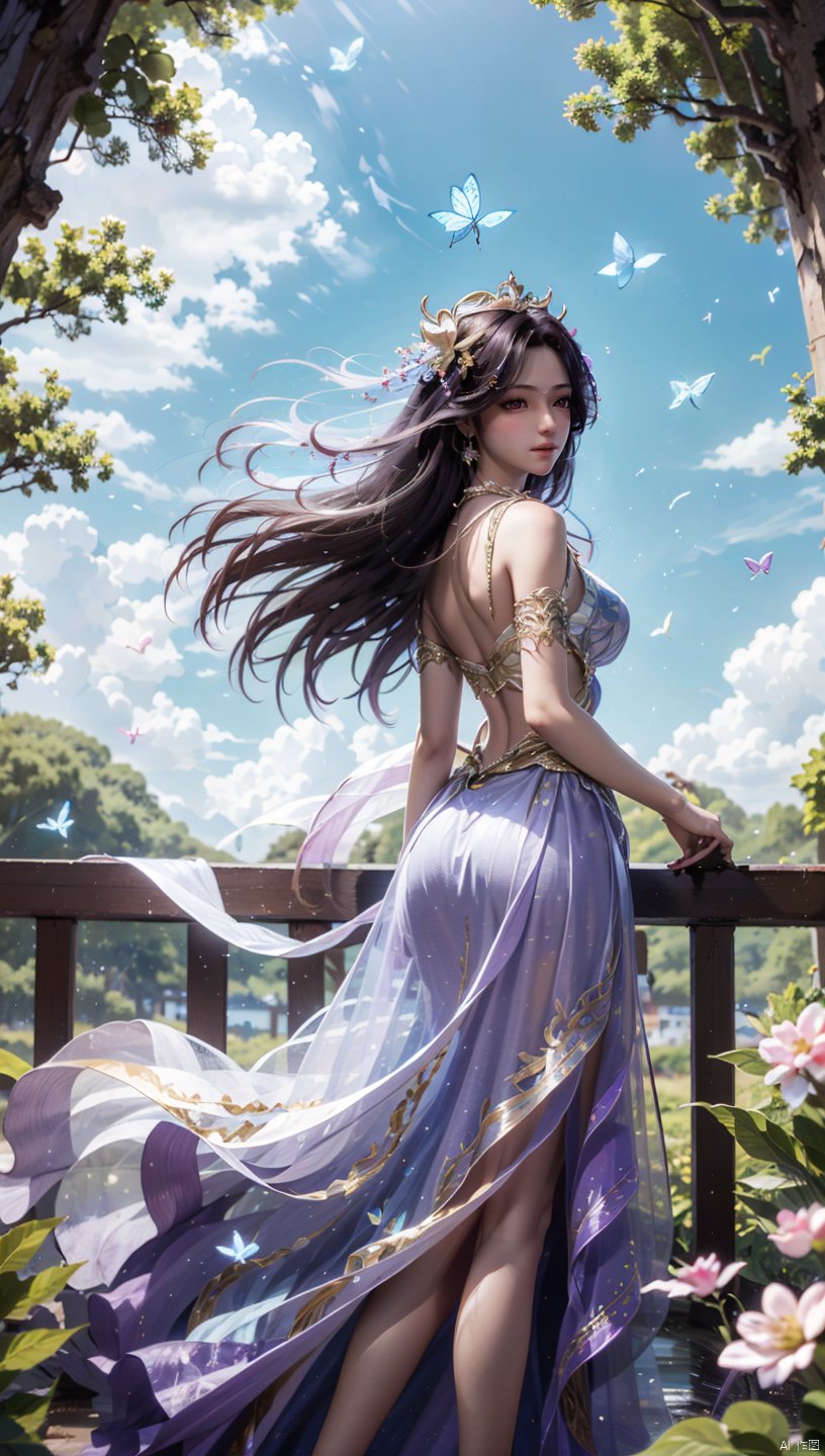  1 girl, dynamic angle, solo, looking at the audience, dress, sky, blue sky, insects, butterflies, branches,,