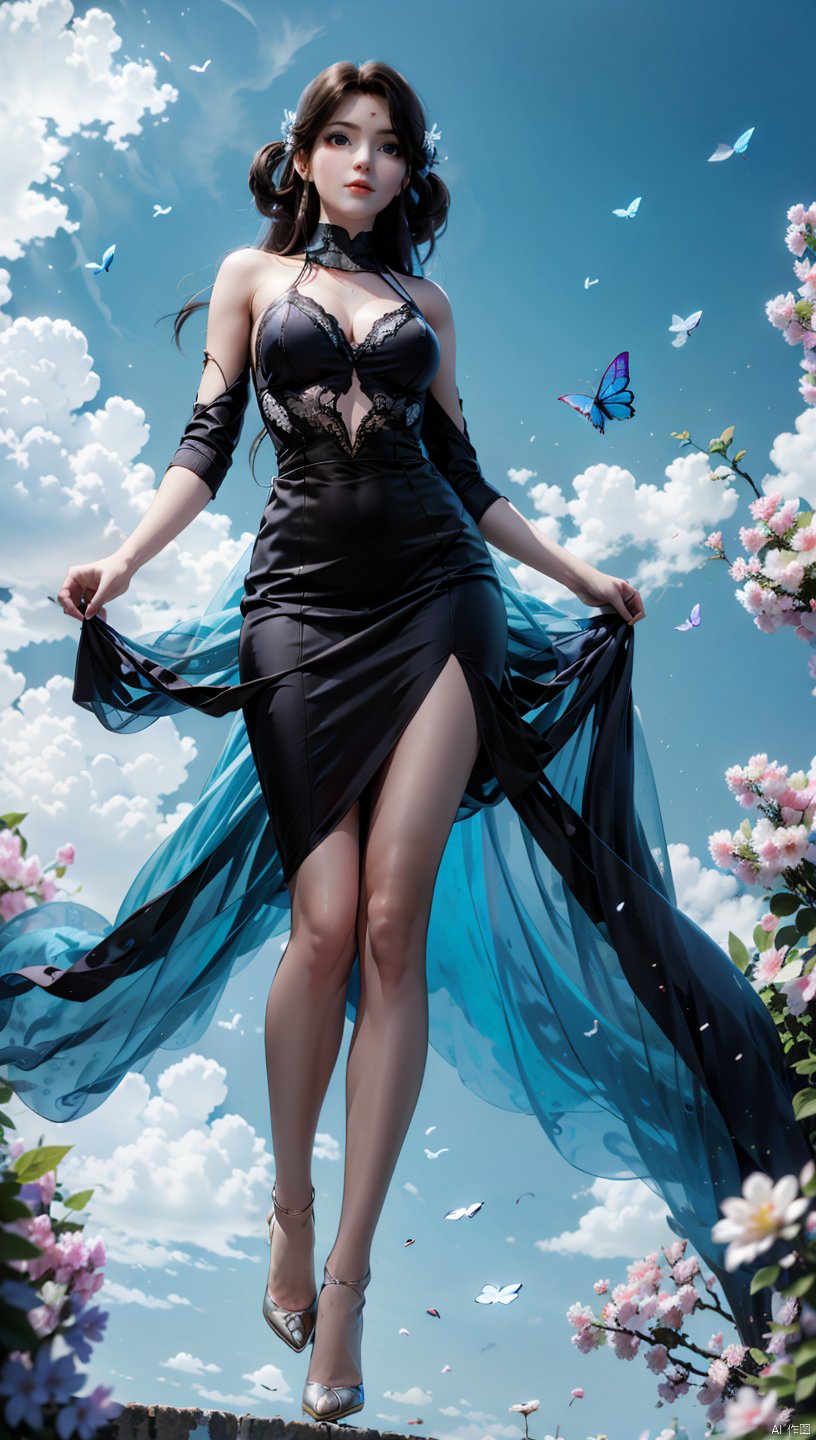  1 girl, dynamic angle, solo, looking at the audience, dress, sky, blue sky, insects, butterflies, branches,,