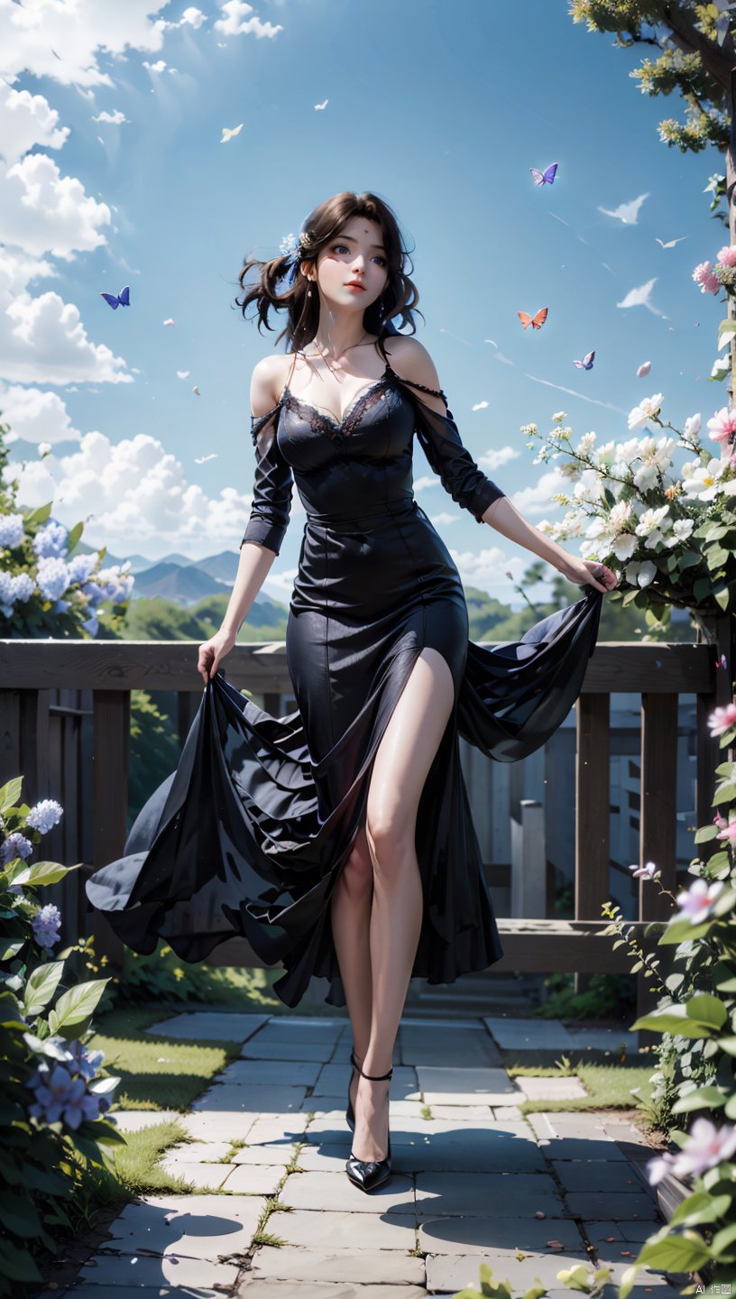  1 girl, dynamic angle, solo, looking at the audience, dress, sky, blue sky, insects, butterflies, branches,,