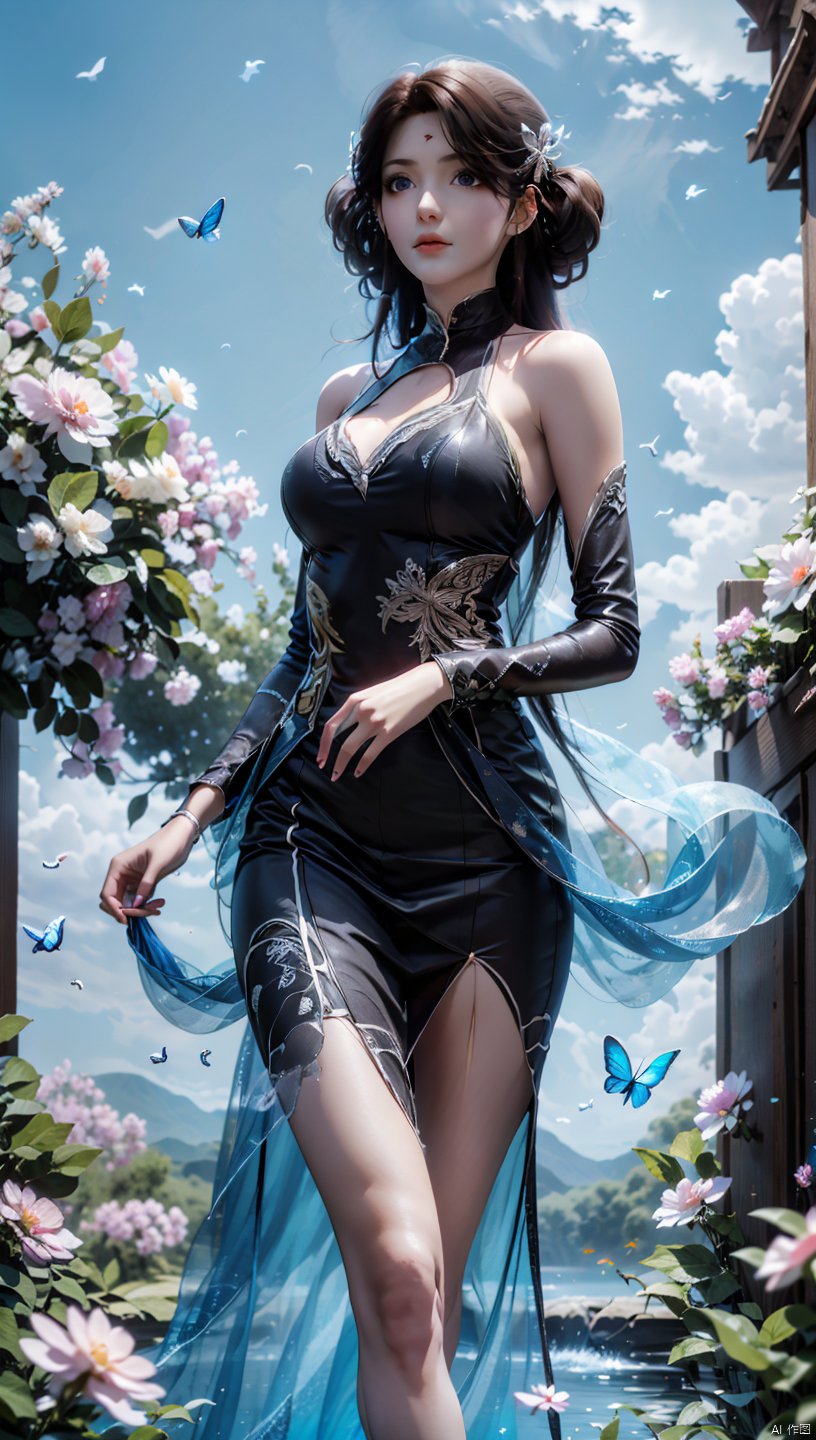  1 girl, dynamic angle, solo, looking at the audience, dress, sky, blue sky, insects, butterflies, branches,,